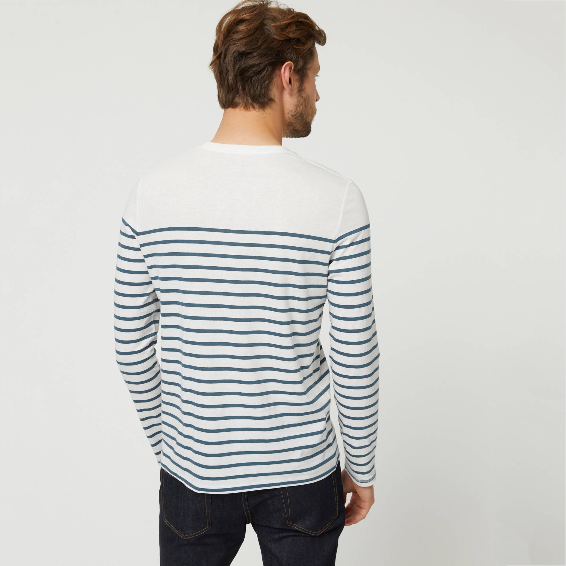 T-shirt col rond manches longues marinière en coton BIO GOTS, Ecru, large image number 1.0
