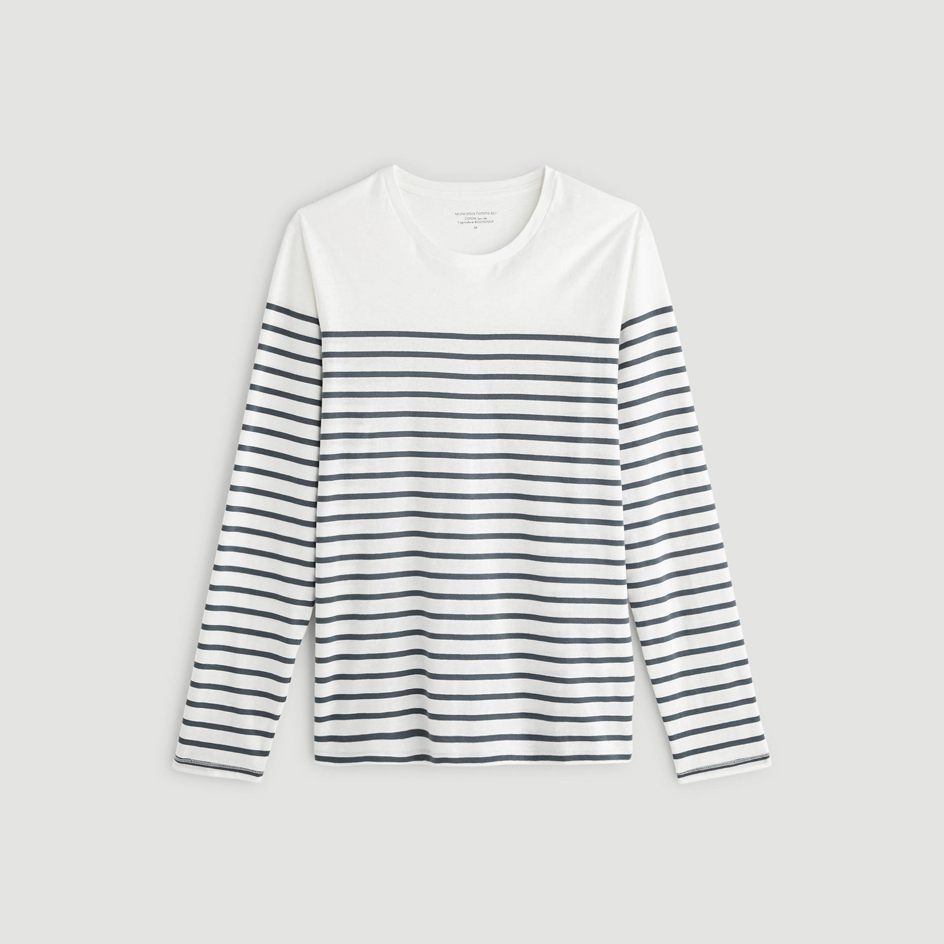 T-shirt col rond manches longues marinière en coton BIO GOTS, Ecru, large image number 2.0
