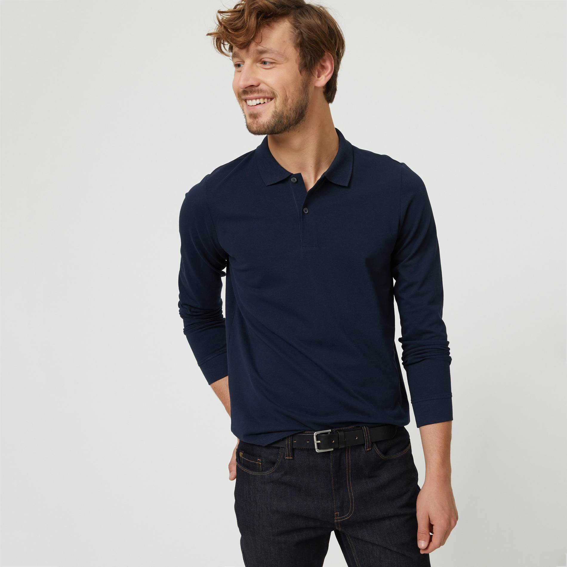Polo manches longues en coton BIO, Bleu marine, large image number 0