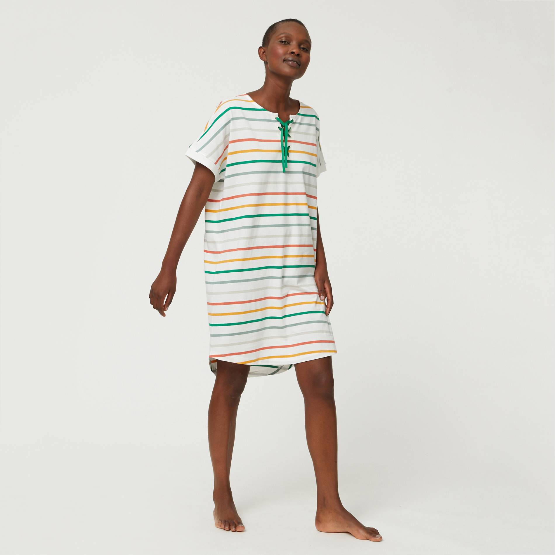 Chemise de nuit rayee a lacet en coton BIO, Blanc, large image number 0.0