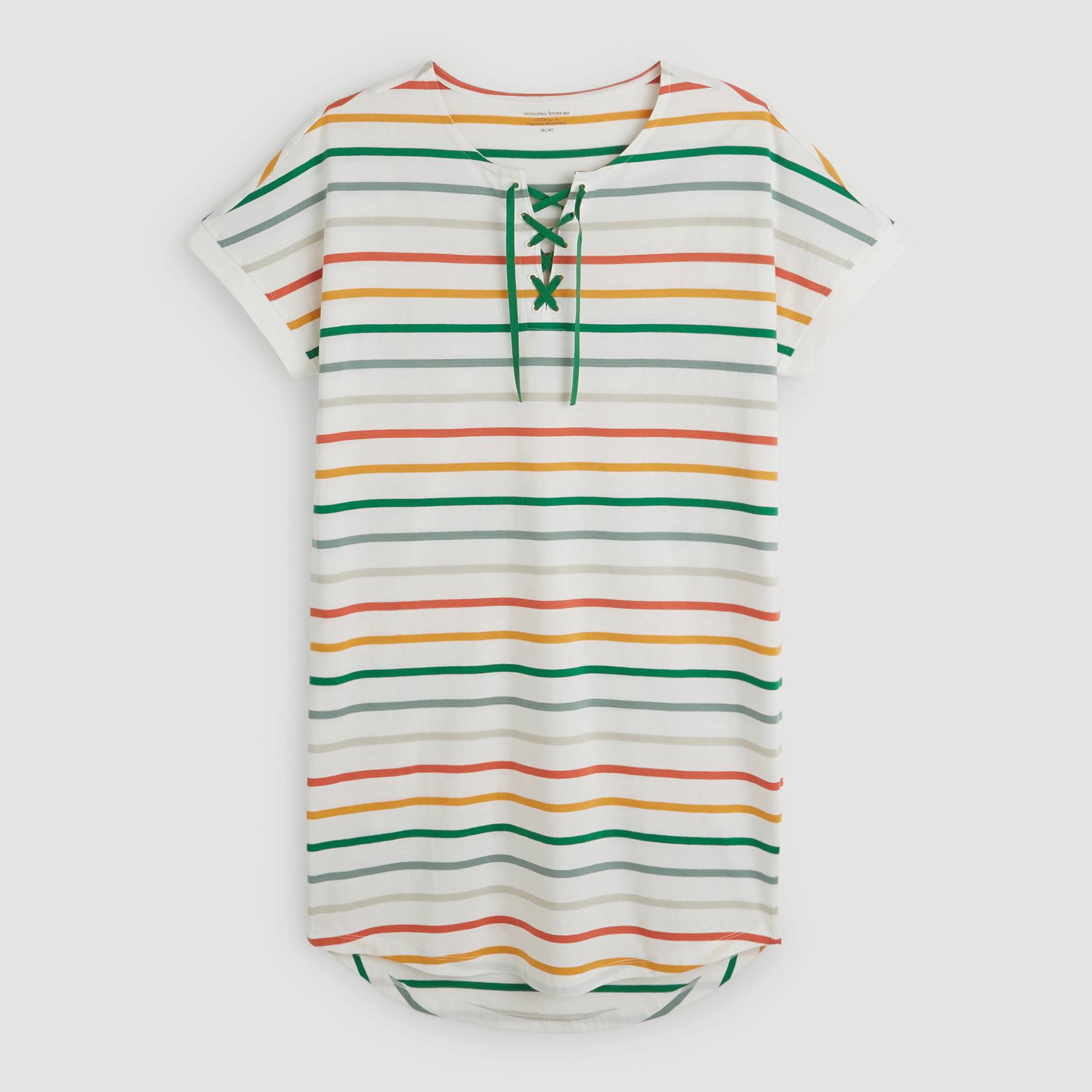 Chemise de nuit rayee a lacet en coton BIO, Blanc, large image number 2