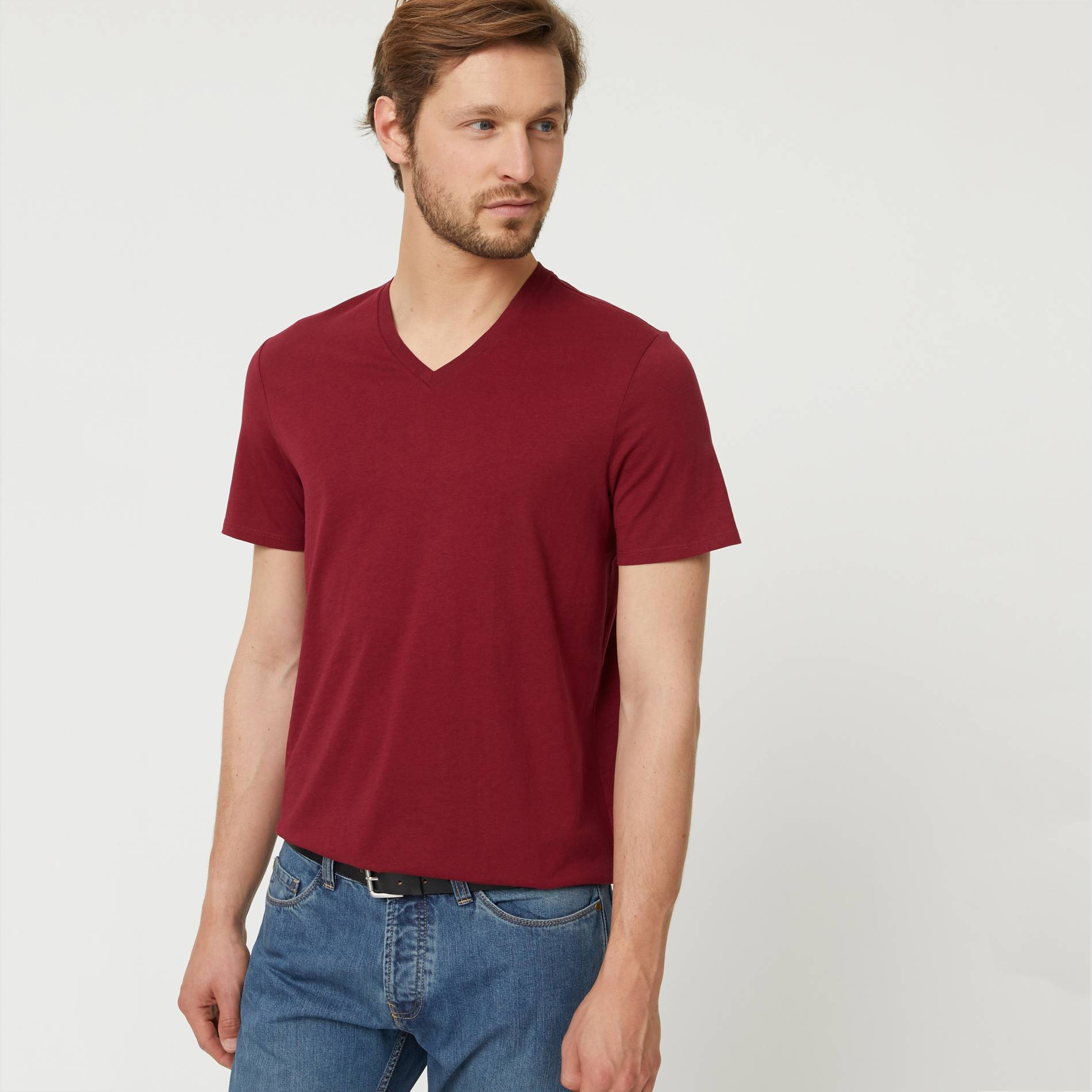 T-shirt manches courtes col v en coton BIO GOTS, Bordeaux, large image number 0.0