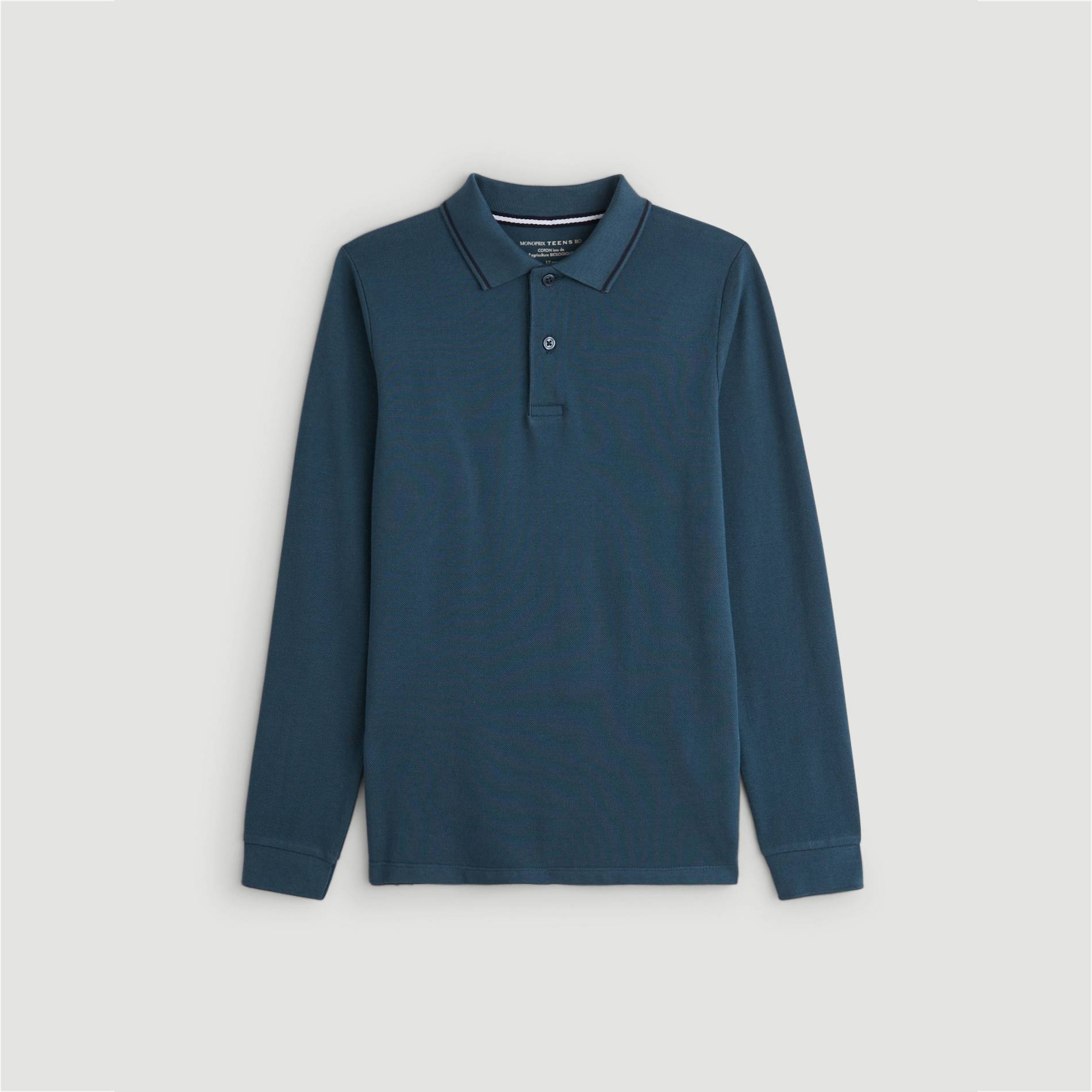 Polo manches longues en coton BIO, Bleu canard, large image number 0.0