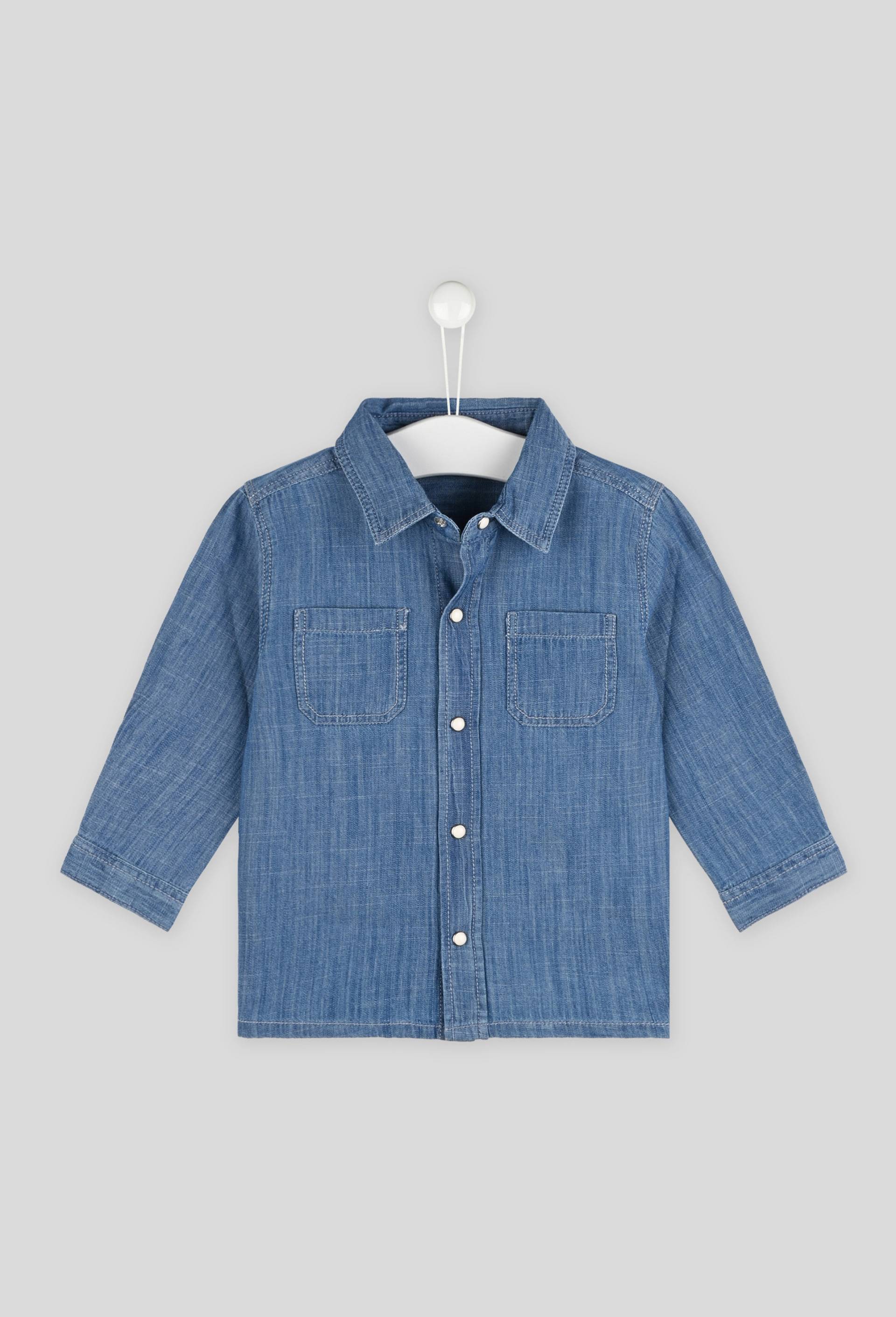 Chemise unie col chemise manches longues chambray, gar&ccedil;on, en coton BIO, OEKO-TEX, Bleu, large image number 0