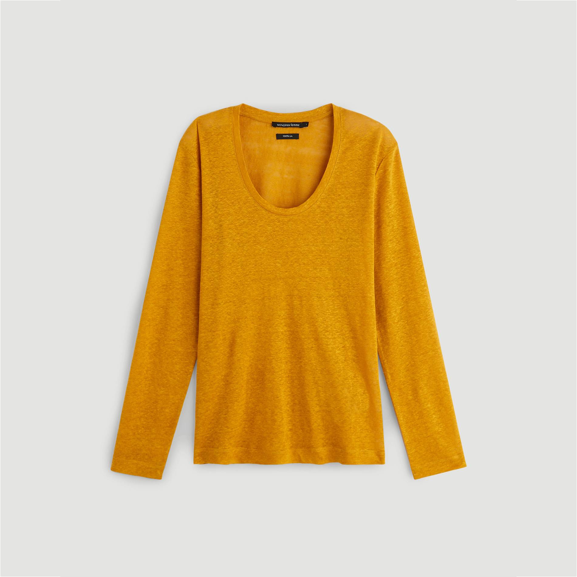 T-shirt en lin uni a manches longues, Safran, large image number 2.0