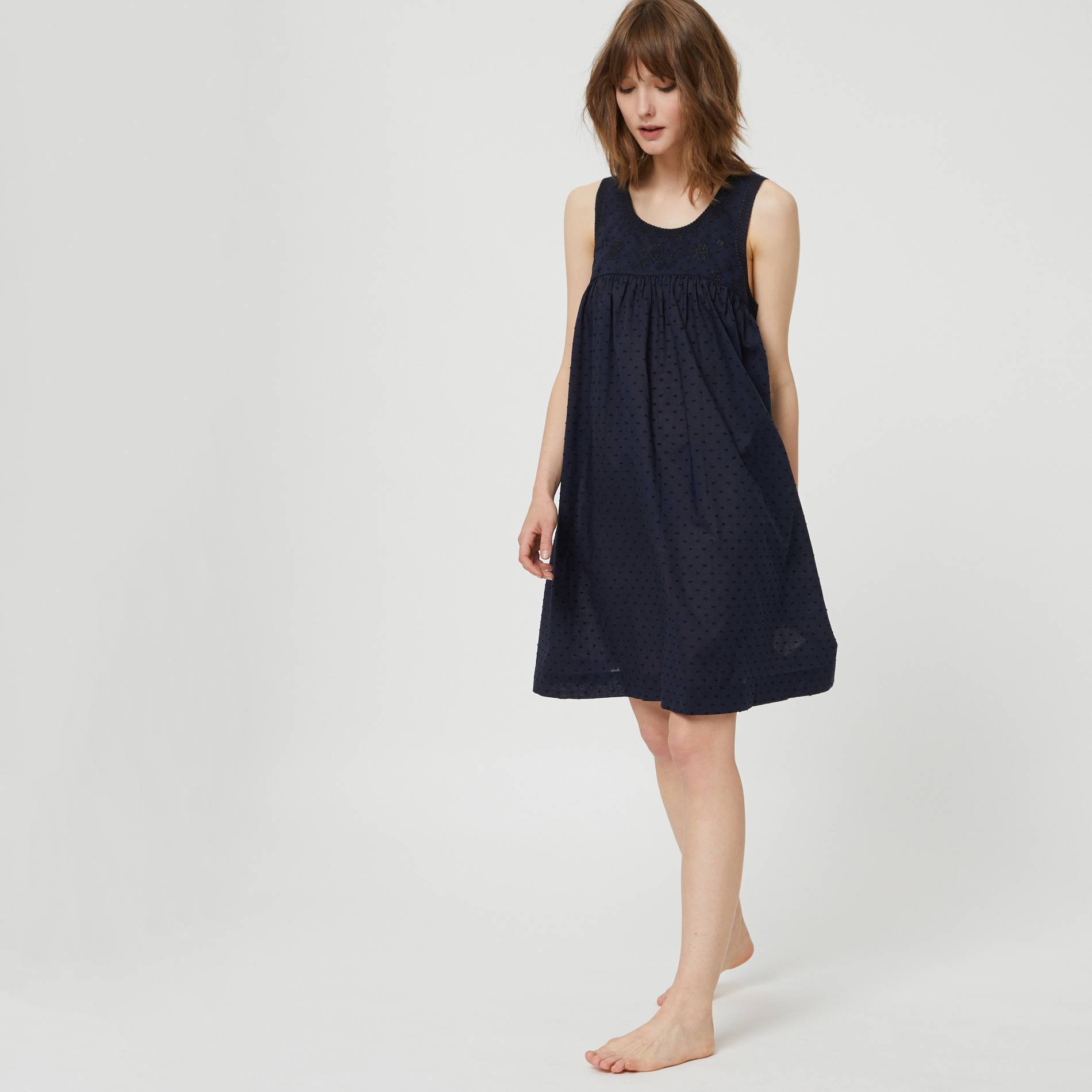 Chemise de nuit unie brodee en plumetis, Bleu marine, large image number 0