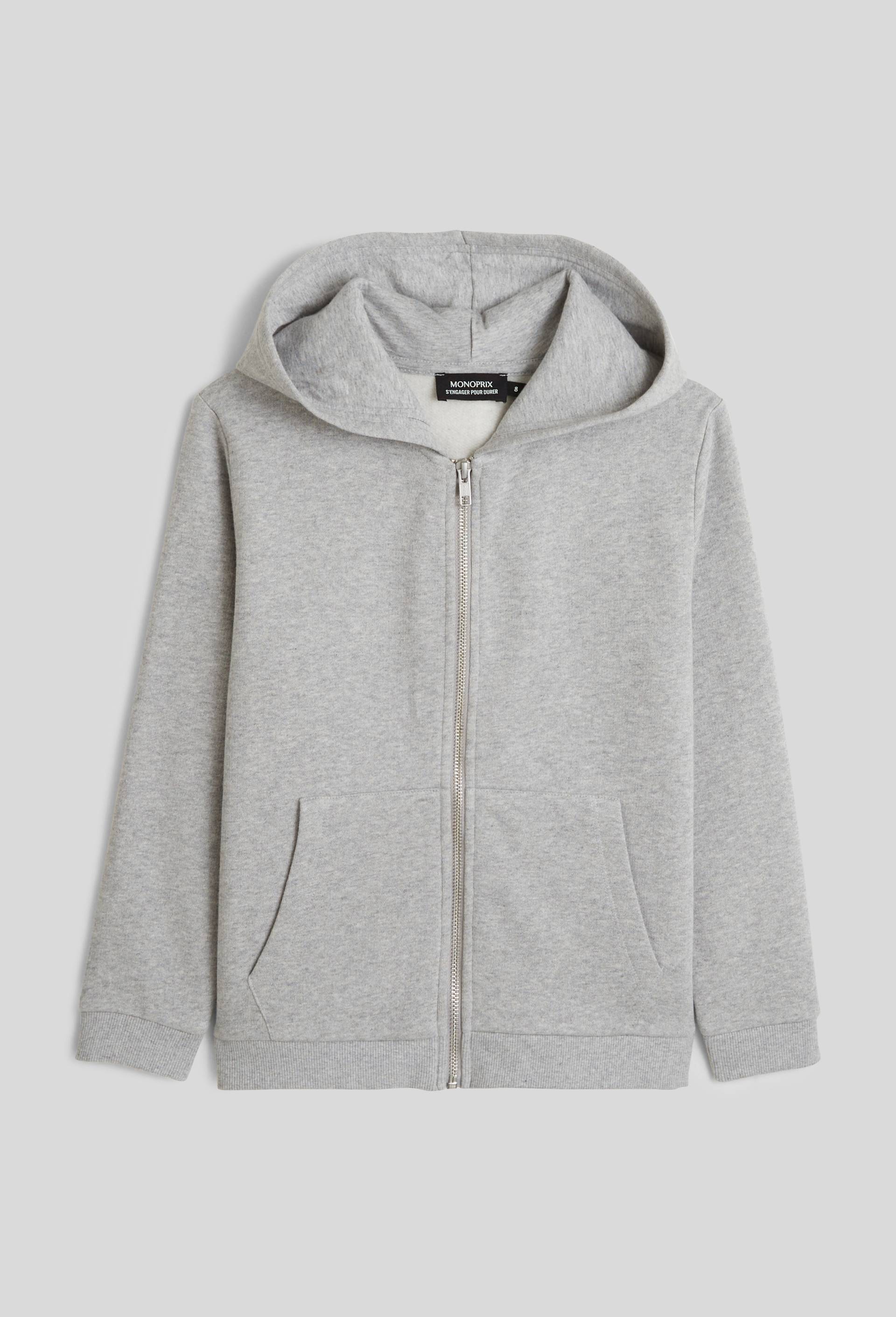 Sweat zipp&eacute; &agrave; capuche uni en coton BIO, Gris, large image number 0