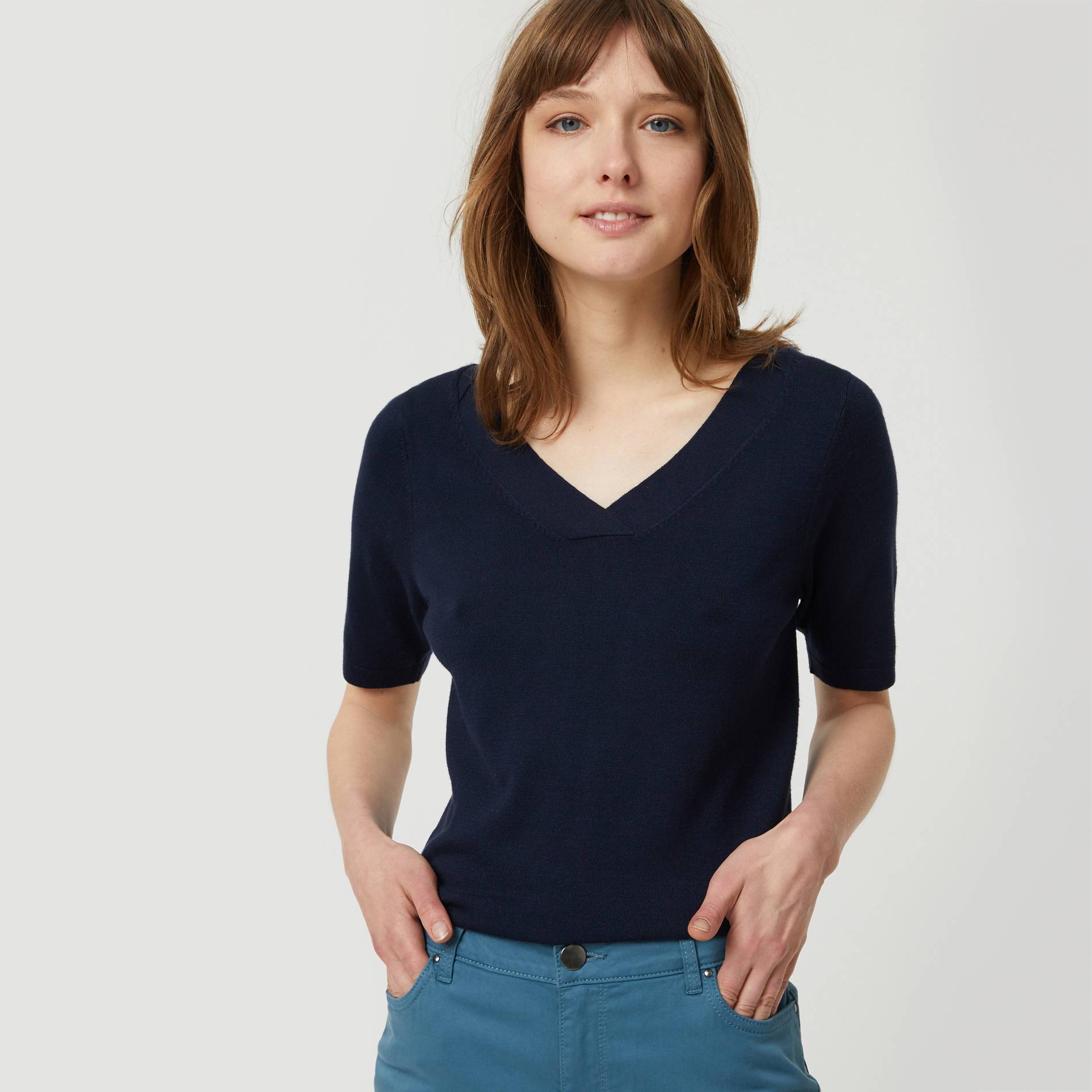 Pull col V a manches courtes, Bleu marine, large image number 0.0