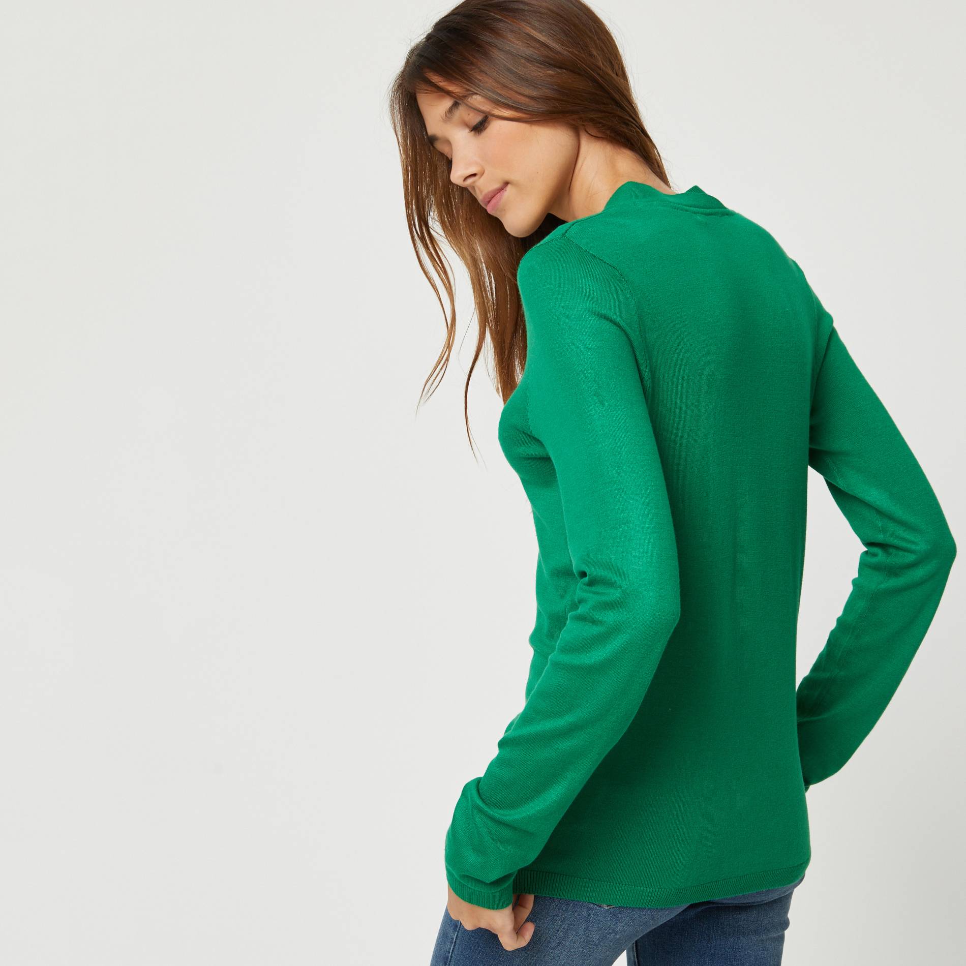 Pull uni col V et manches longues, Vert, large image number 1.0