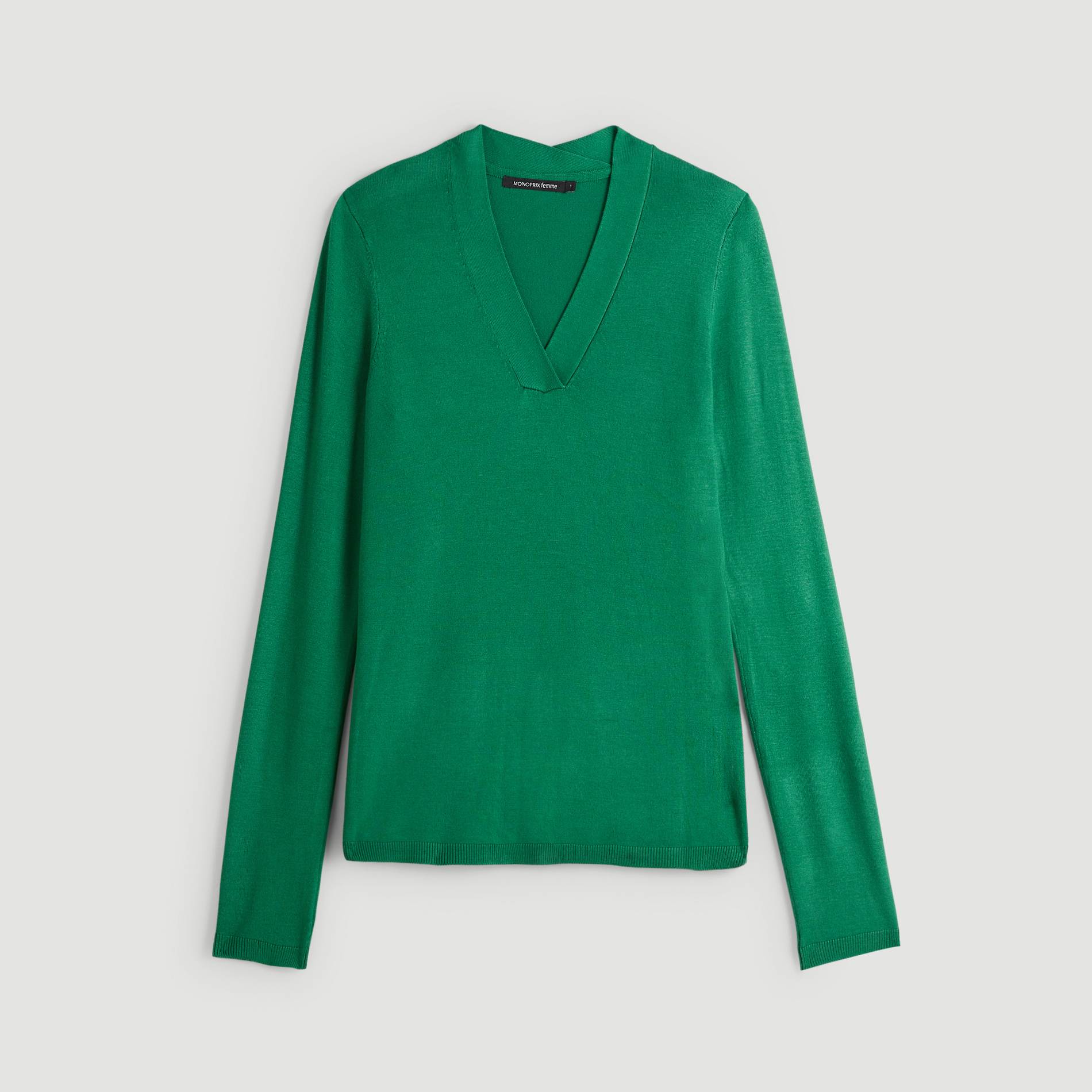 Pull uni col V et manches longues, Vert, large image number 2.0