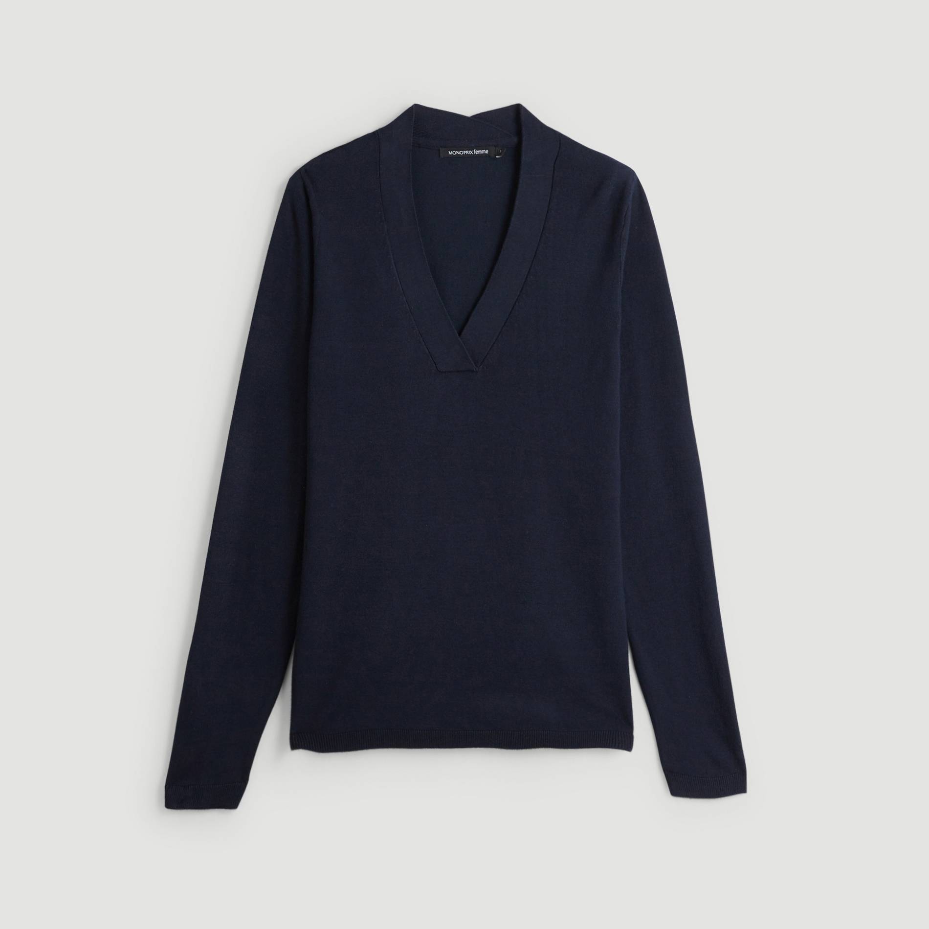 Pull uni col V et manches longues, Bleu marine, large image number 2.0