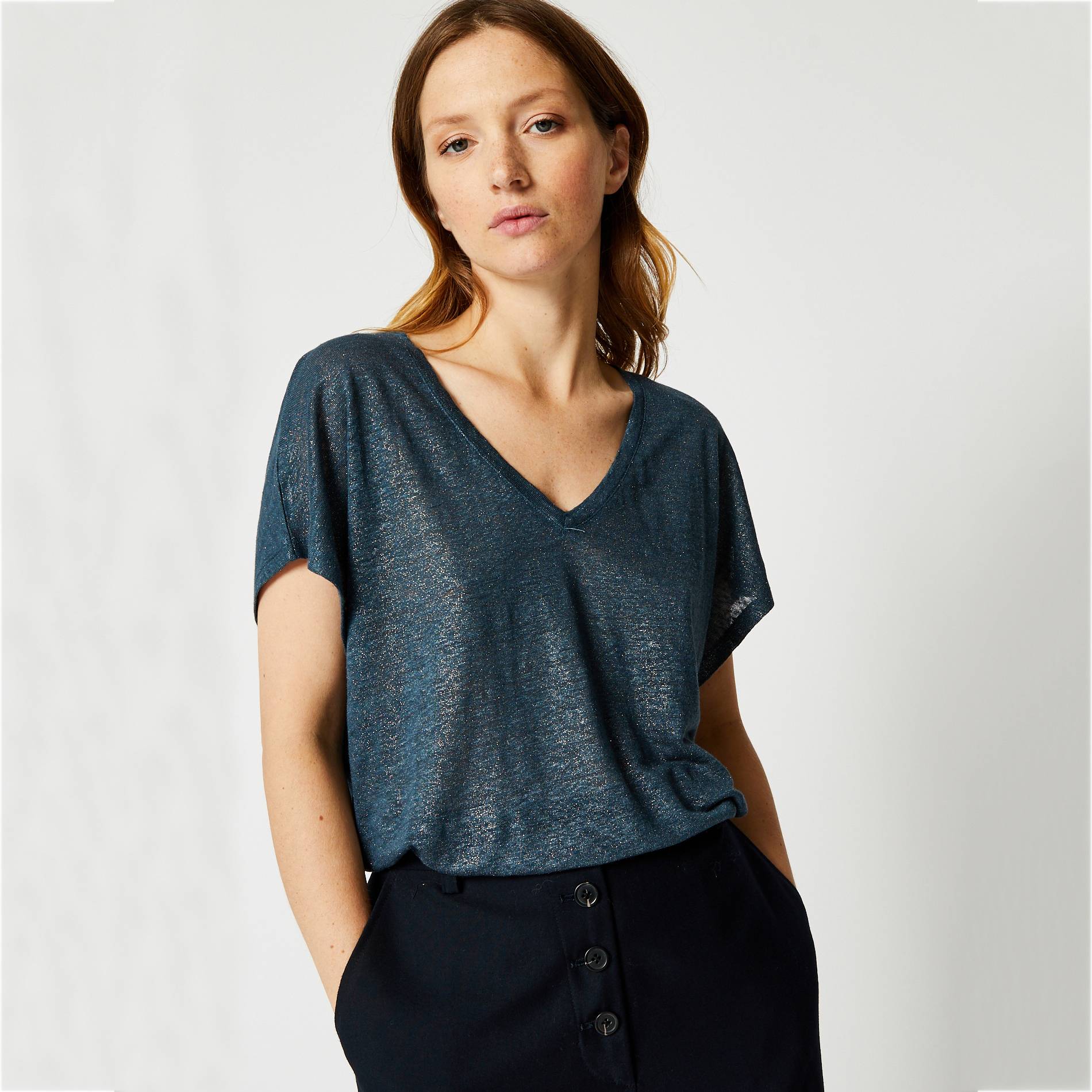 T-shirt en lin effet paillete col V, Bleu canard, large image number 0