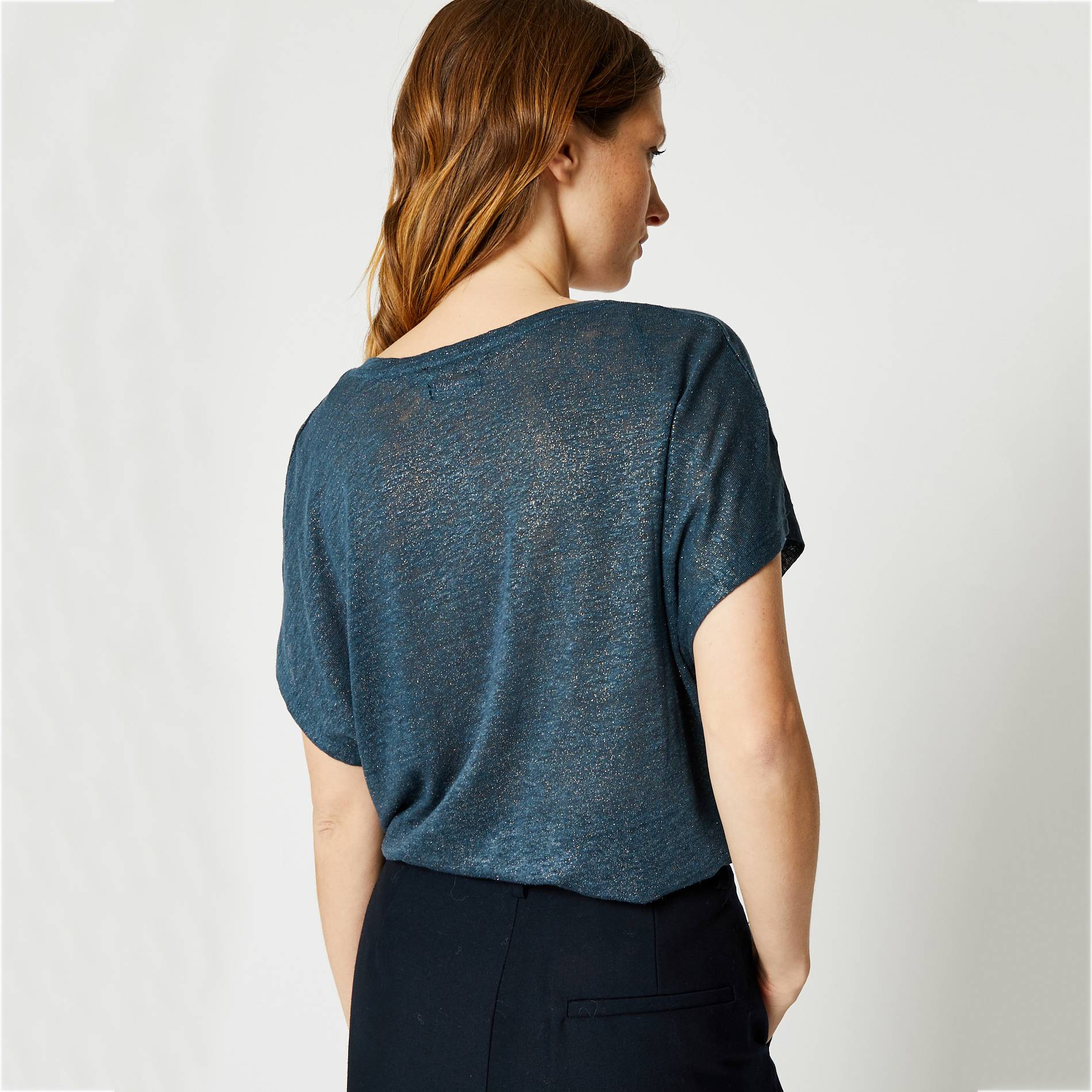 T-shirt en lin effet paillete col V, Bleu canard, large image number 1