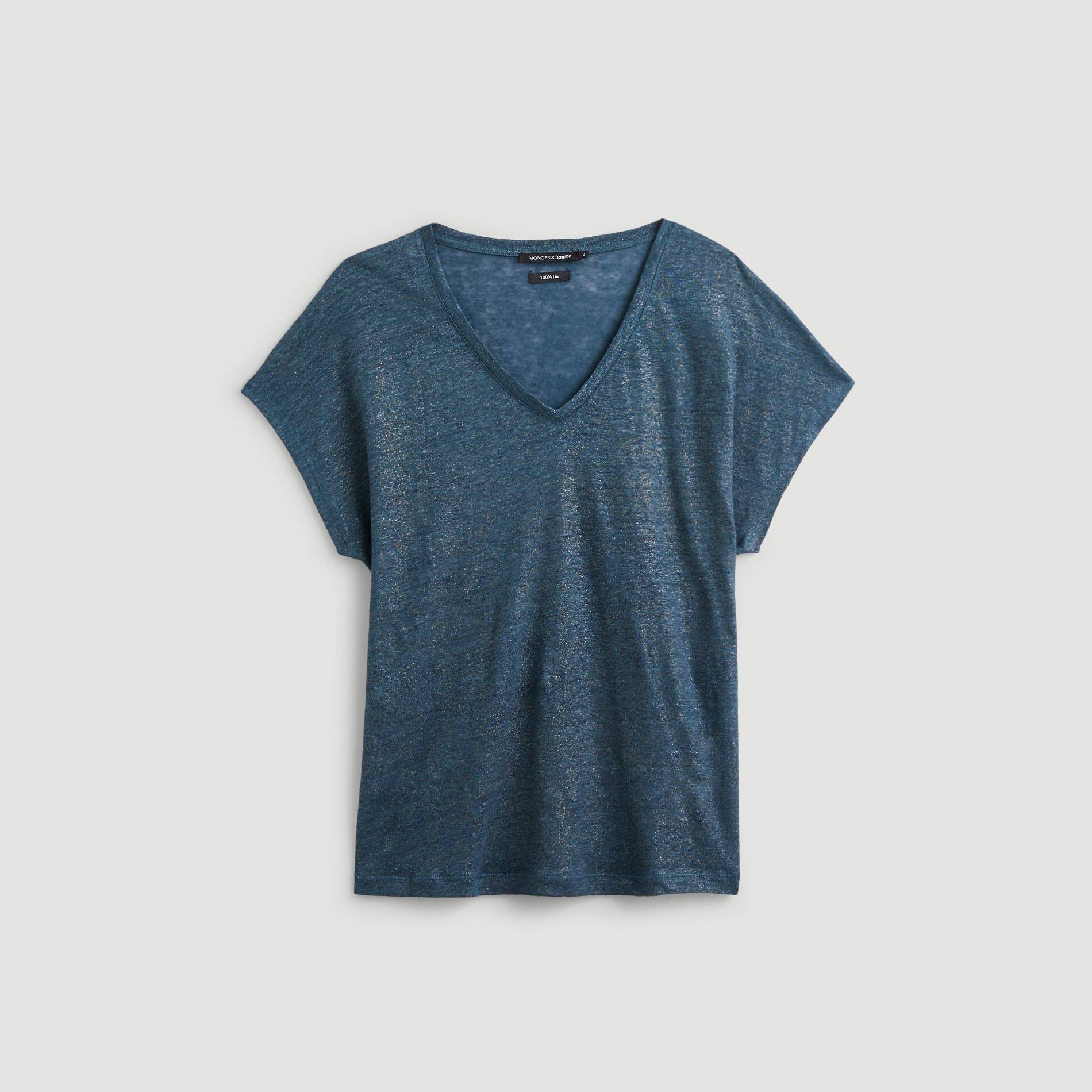 T-shirt en lin effet paillete col V, Bleu canard, large image number 2