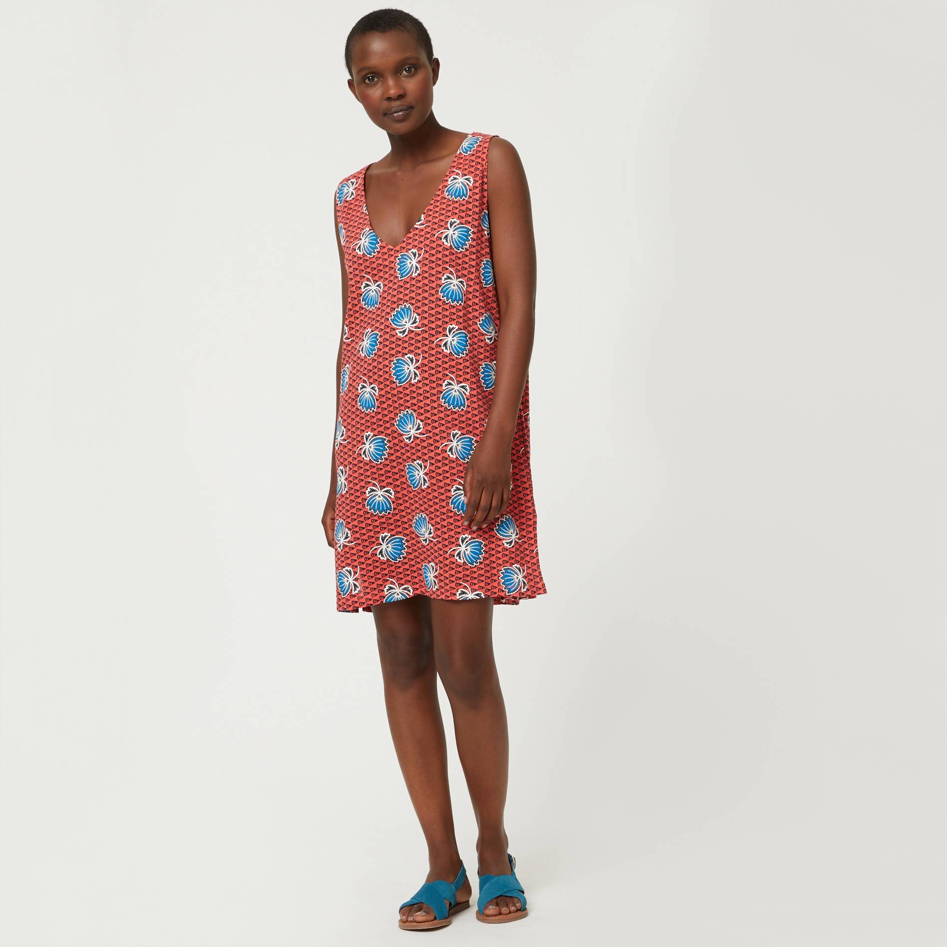 Robe courte sans manches col V imprimee en coton, Cerise, large image number 0