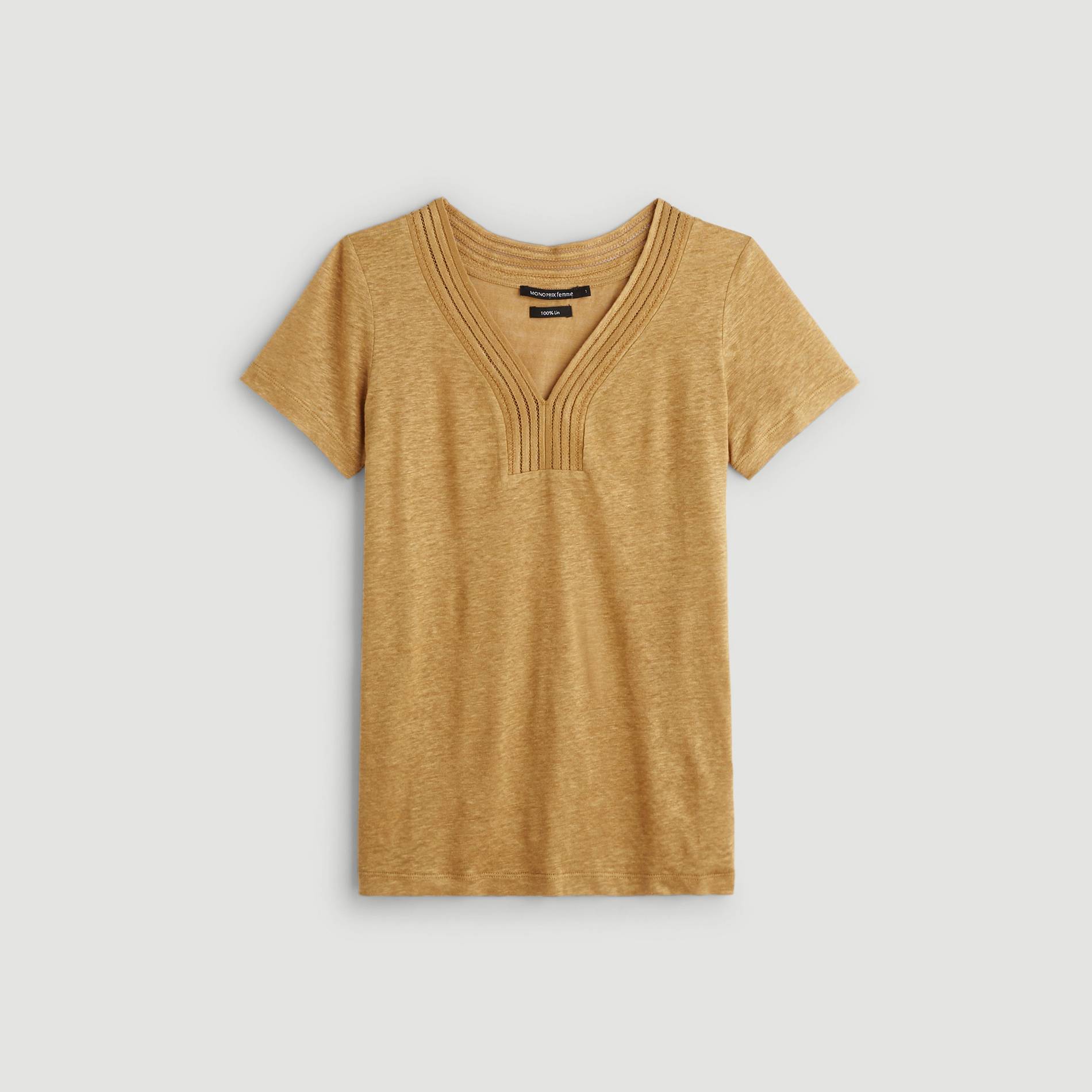 T-shirt en lin encolure brodee, Bronze, large image number 2