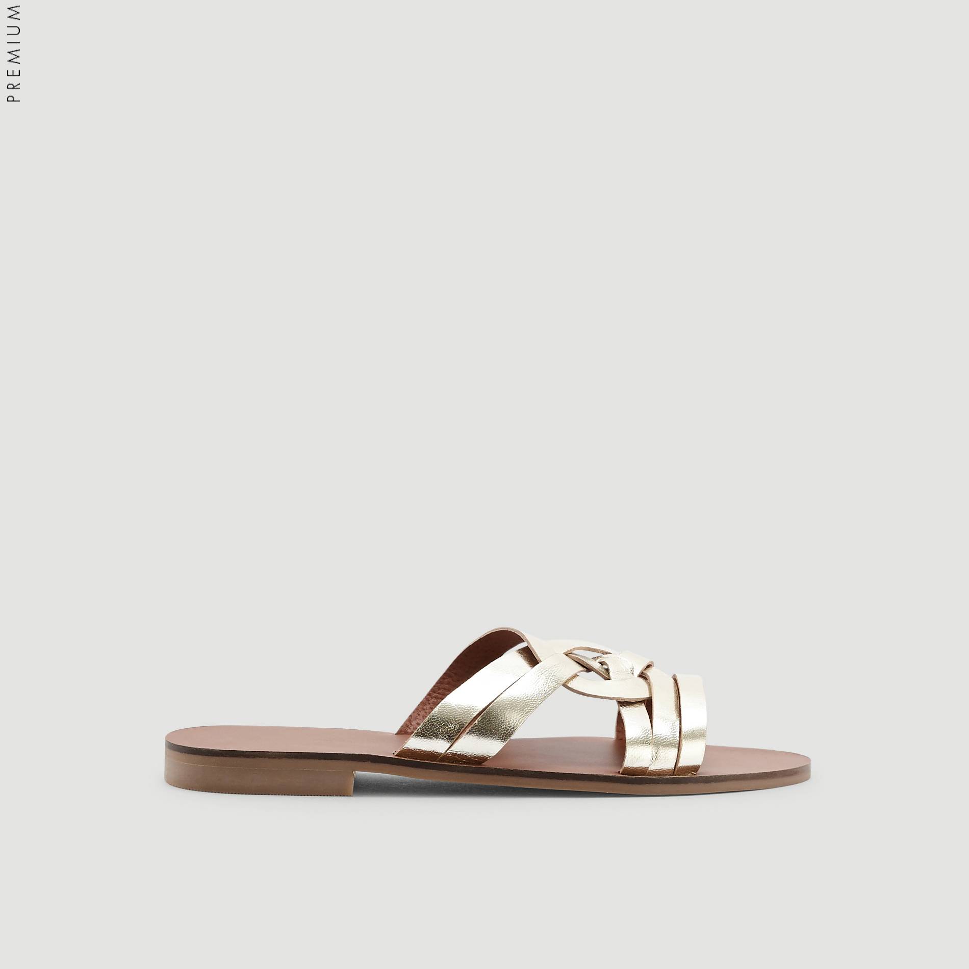 Claquettes croisees en cuir, Or, large image number 1