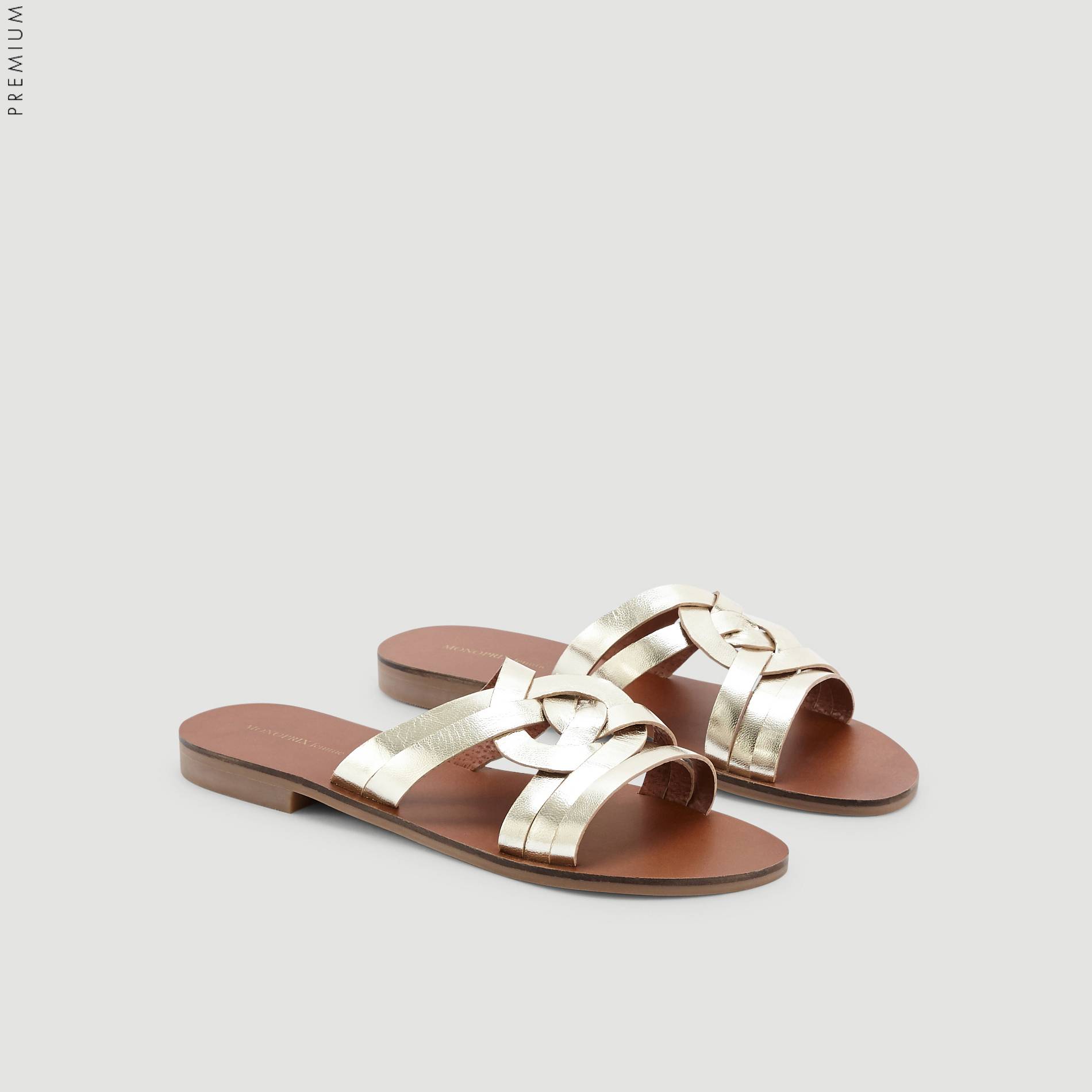 Claquettes croisees en cuir, Or, large image number 2