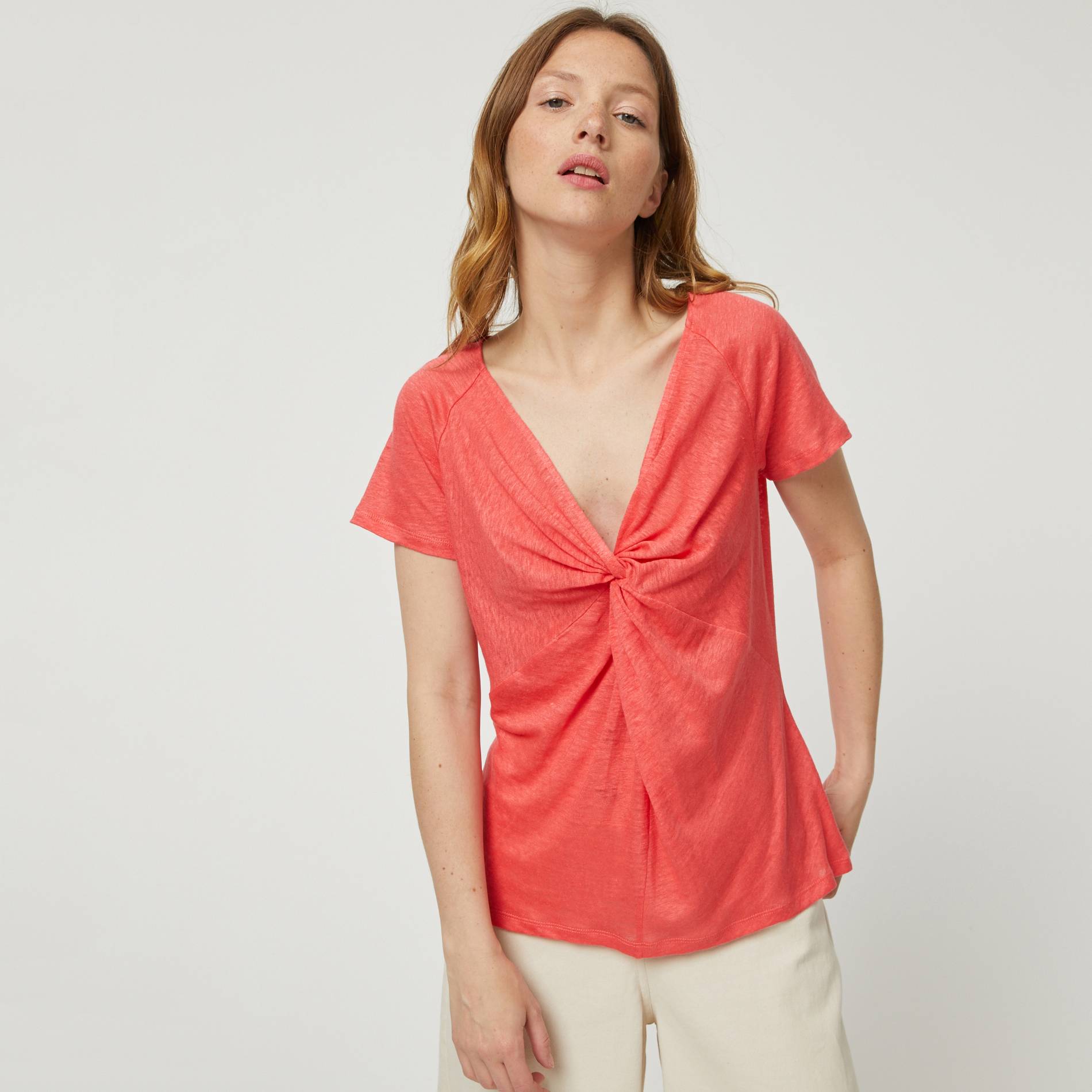 T-shirt effet drappe en 100% lin, Cerise, large image number 0