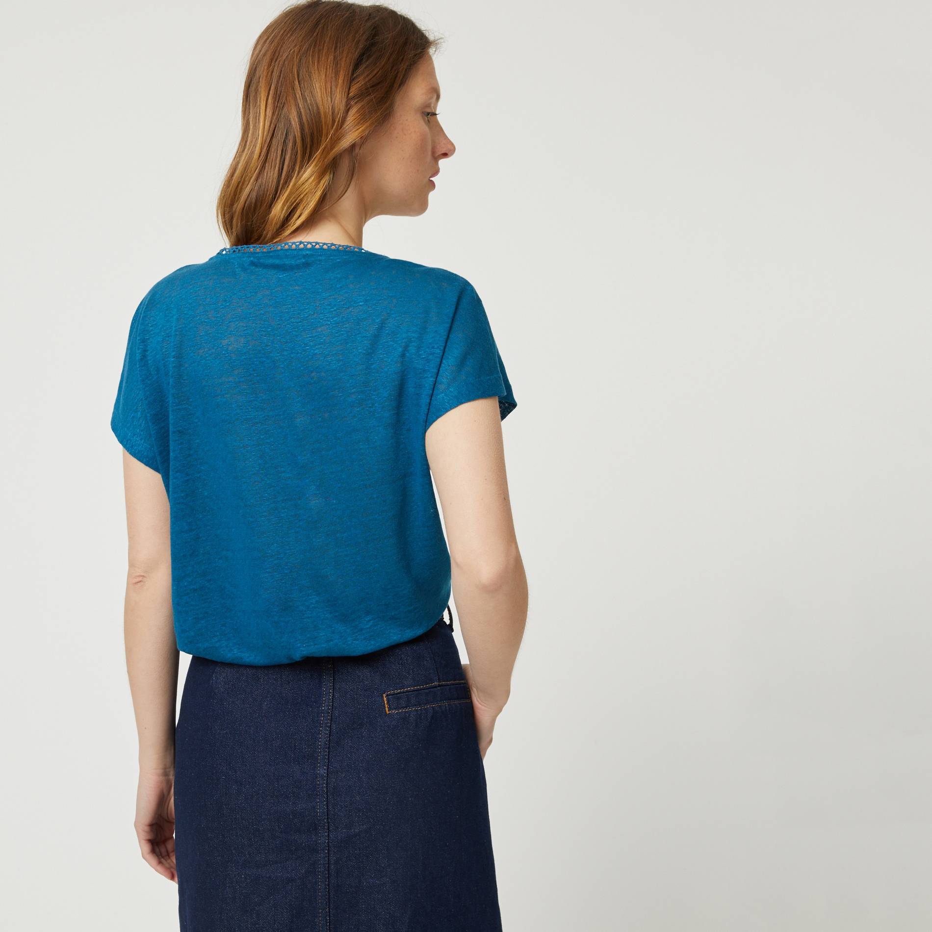 T-shirt en 100% lin detail ajoure et col V, Bleu, large image number 1