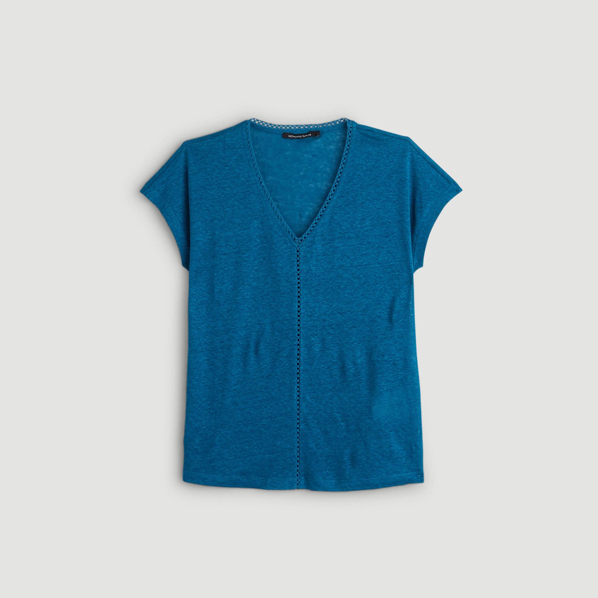 T-shirt en 100% lin detail ajoure et col V, Bleu, large image number 2.0