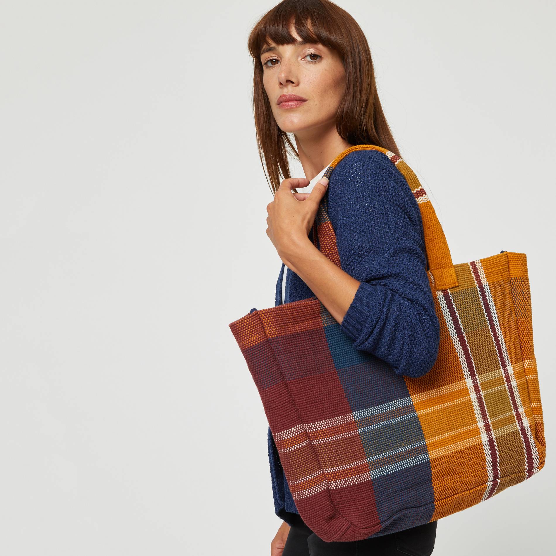Tote bag carreaux, Safran, large image number 0.0