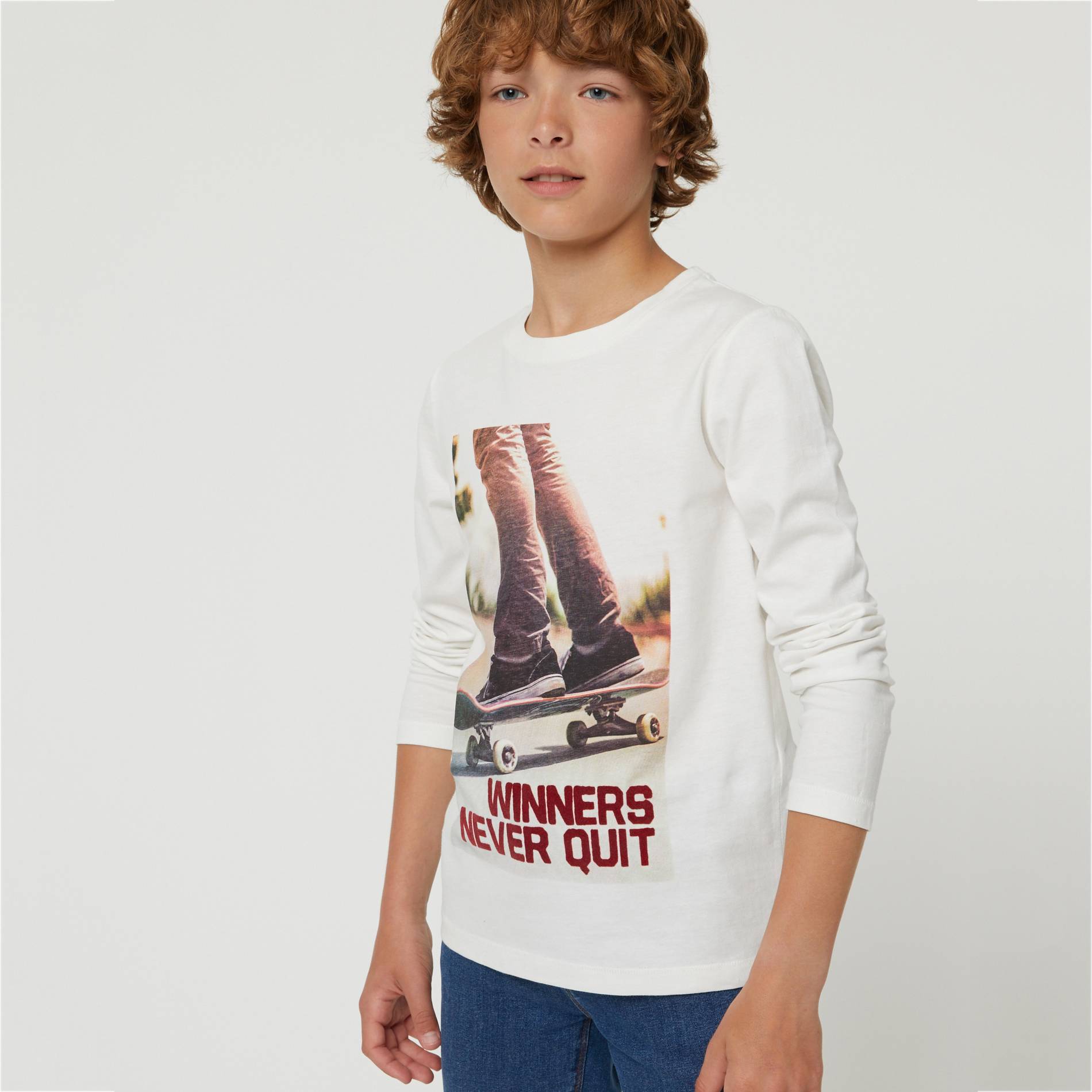T-shirt manches longues imprime en coton BIO, Ecru, large image number 0