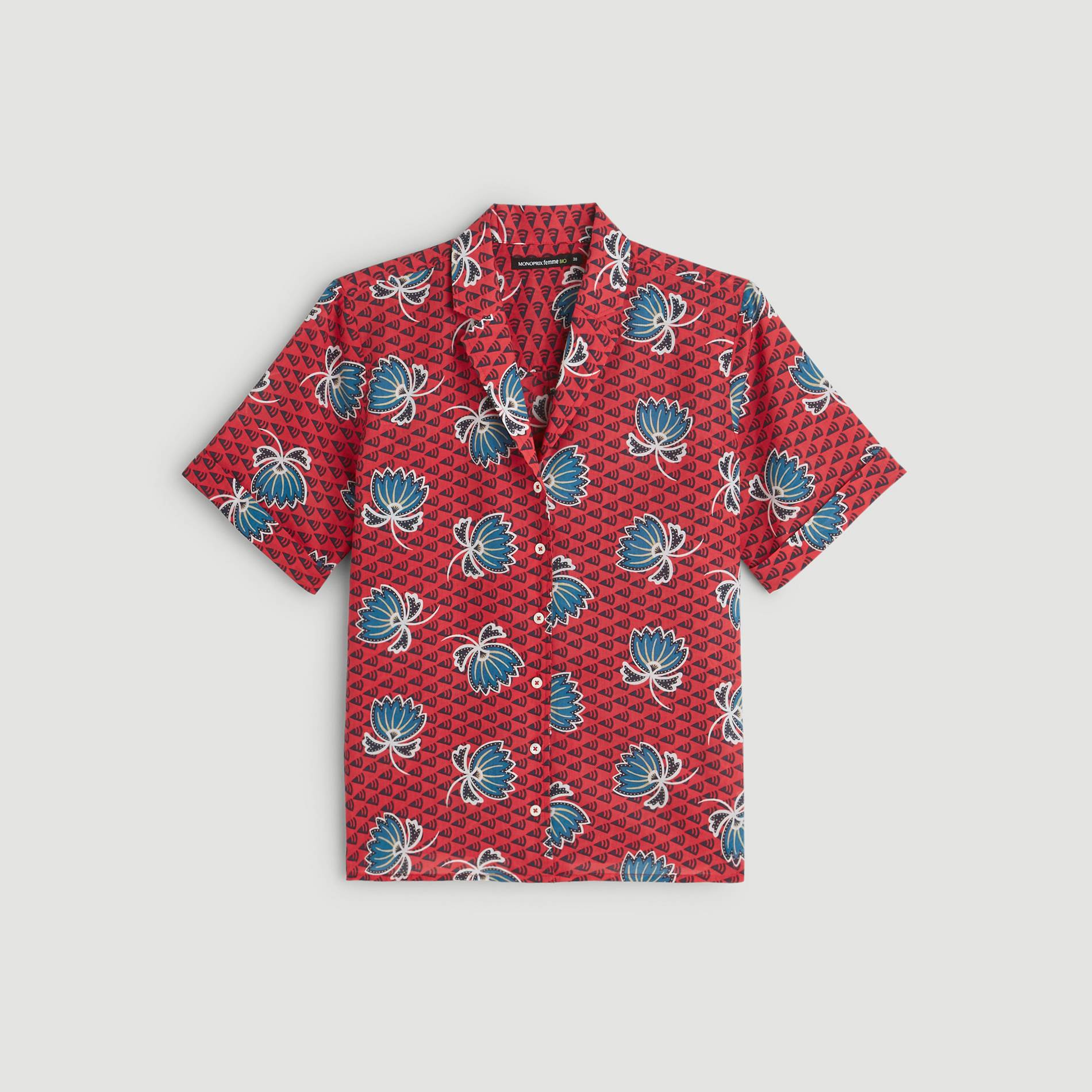 Chemise imprimee manches courtes et col tailleur en coton BIO, Cerise, large image number 2