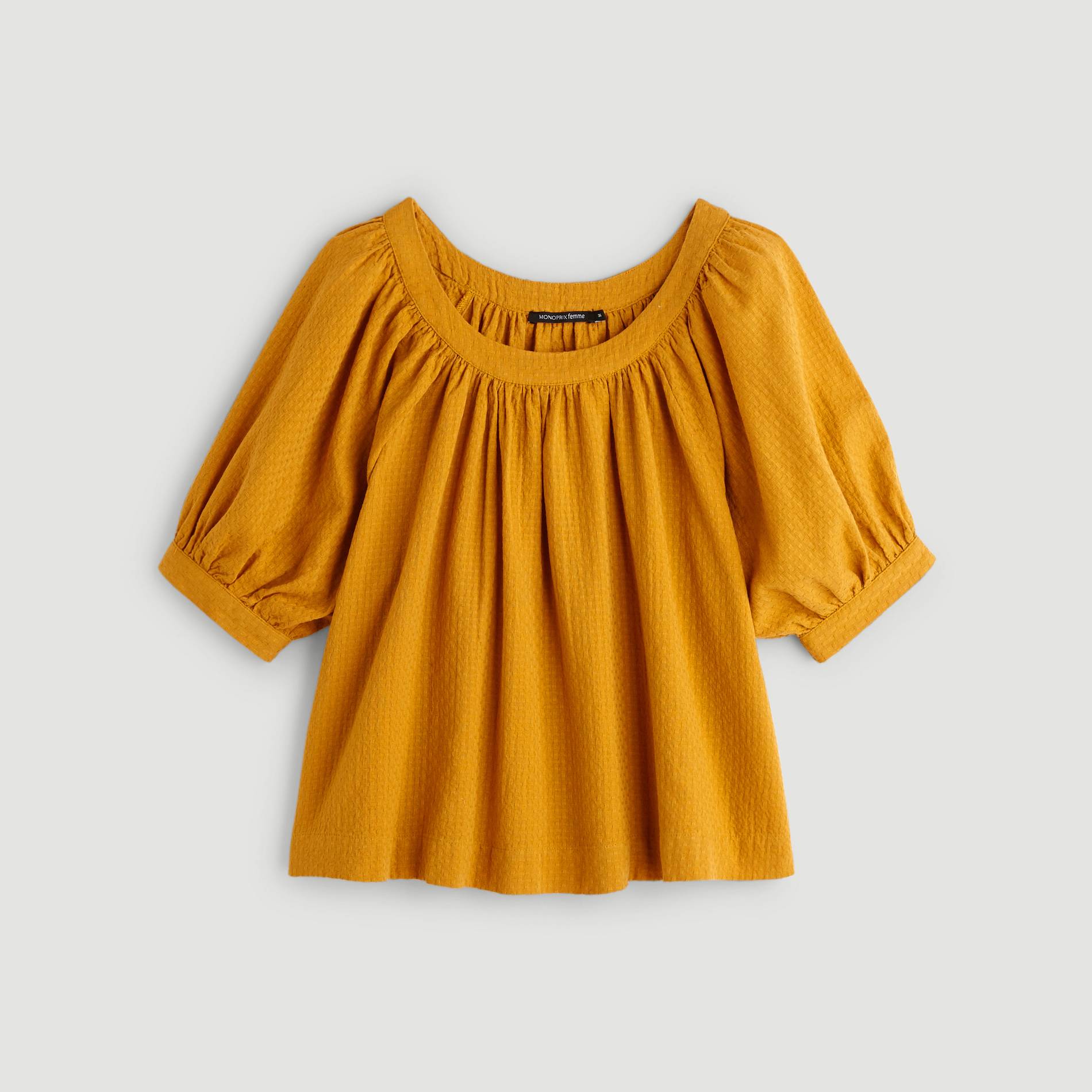 Blouse manches courtes col V unie, Safran, large image number 2