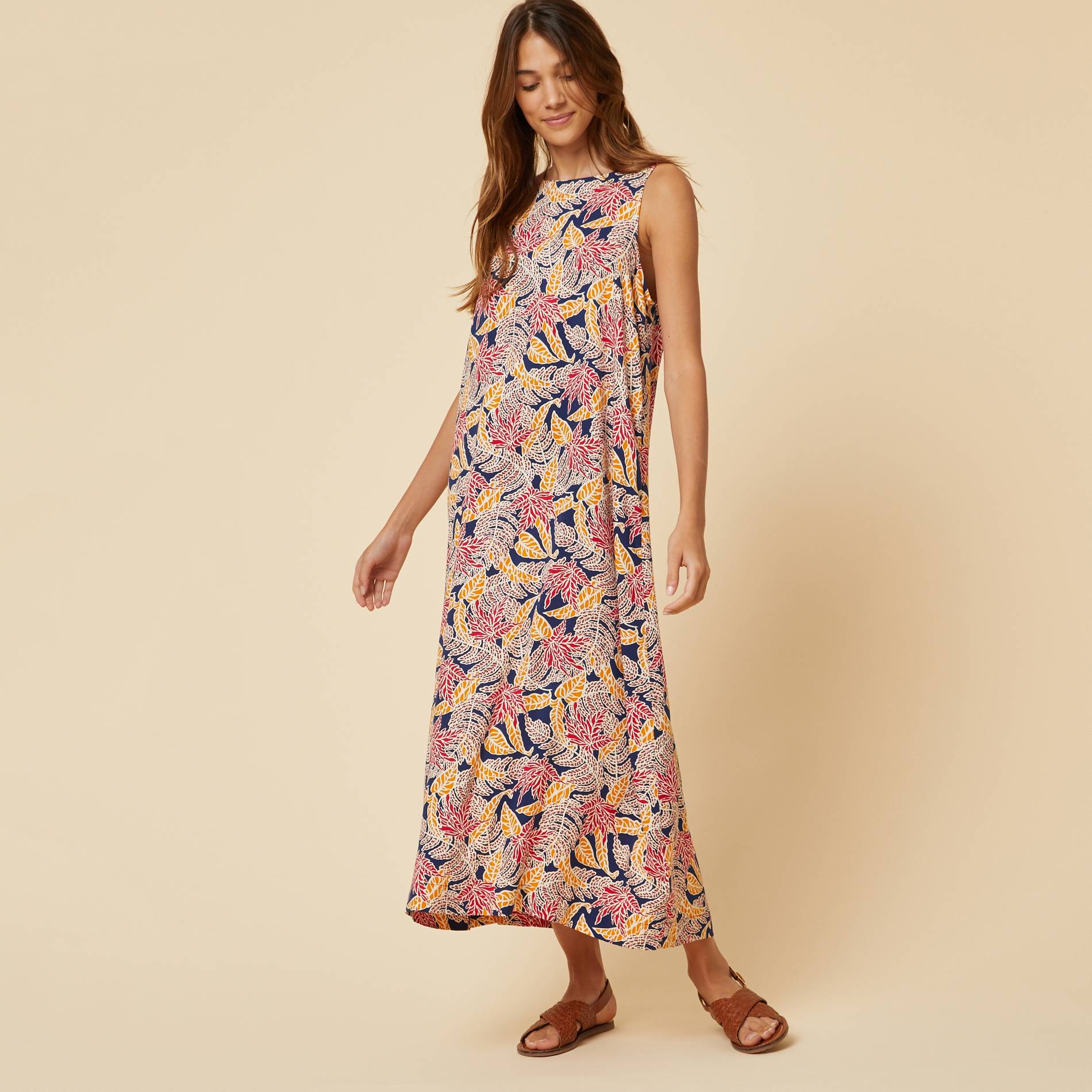 Robe longue sans manches col rond imprime floral, Indigo, large image number 0.0