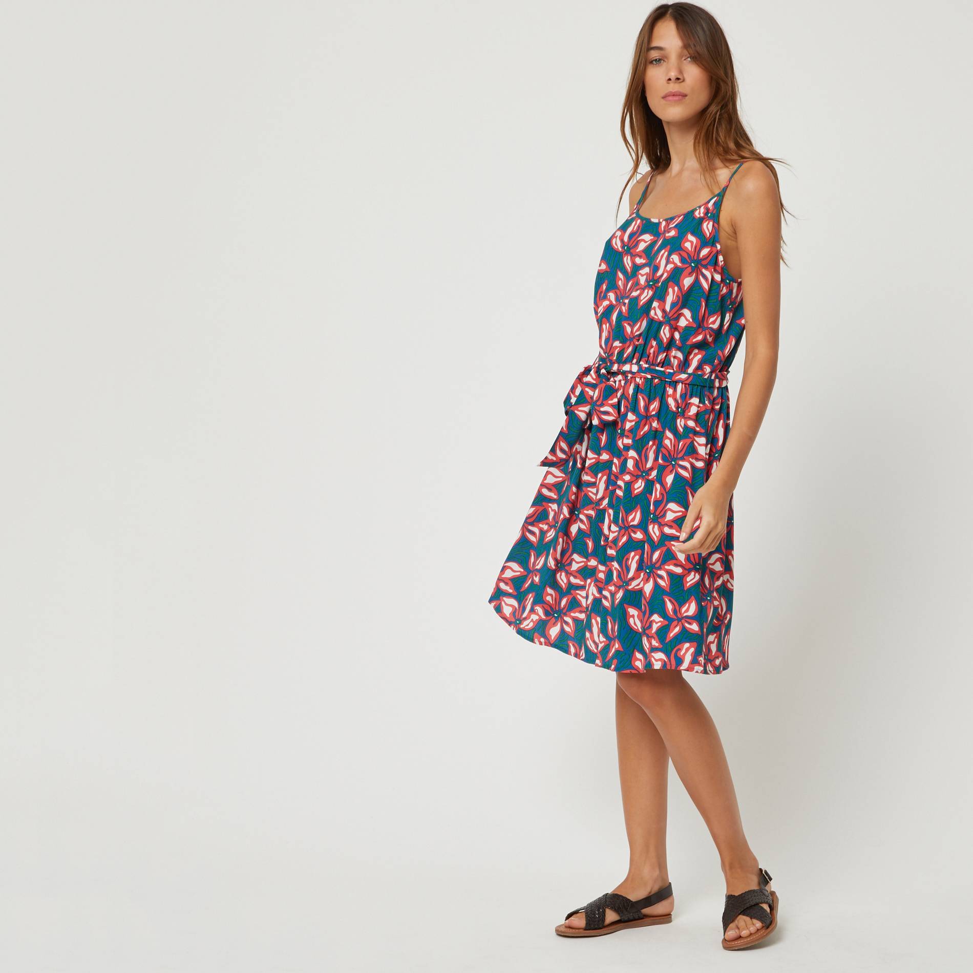 Robe courte a fines bretelles imprimee, Bleu, large image number 0.0
