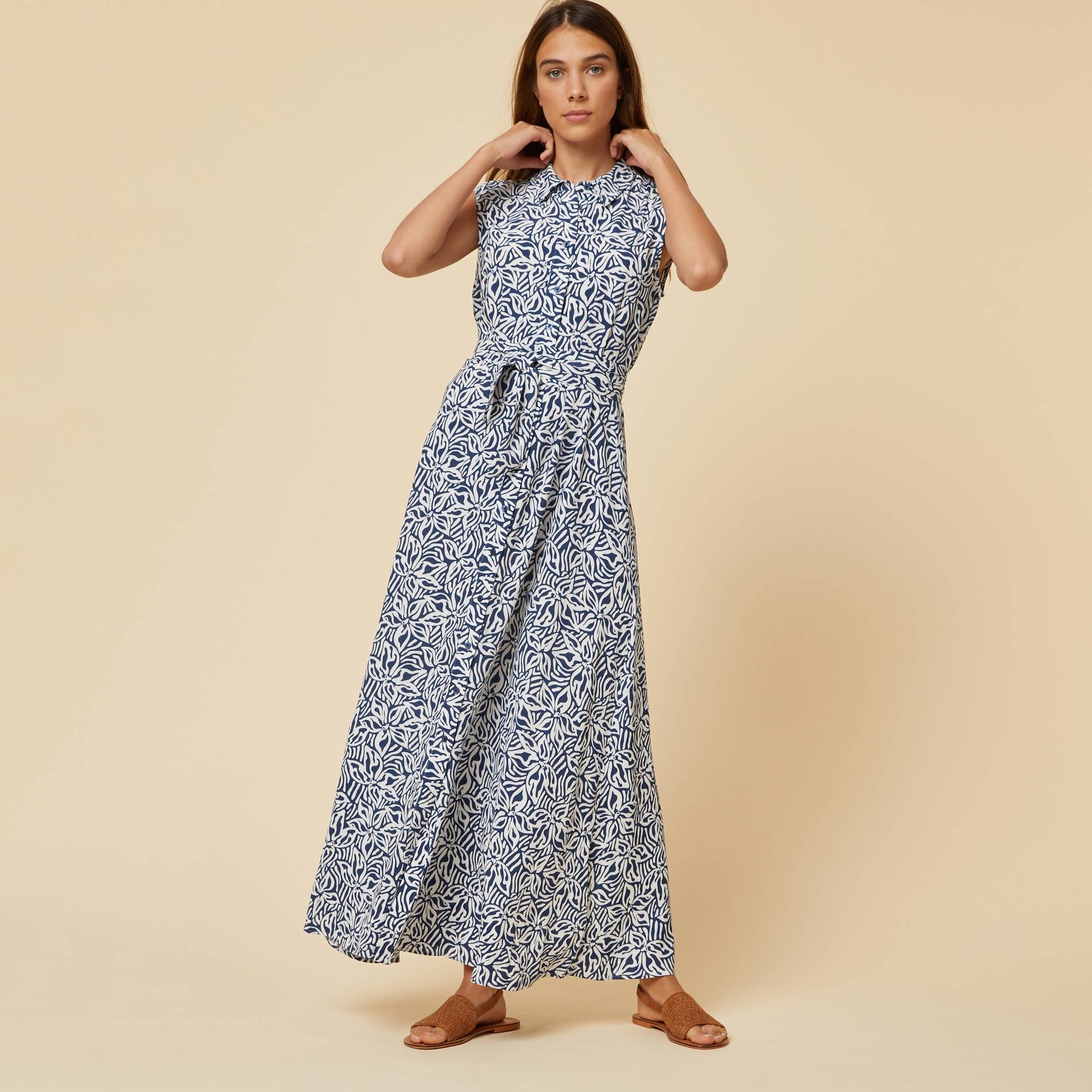 Robe chemise longue sans manches imprime floral, Indigo, large image number 0.0
