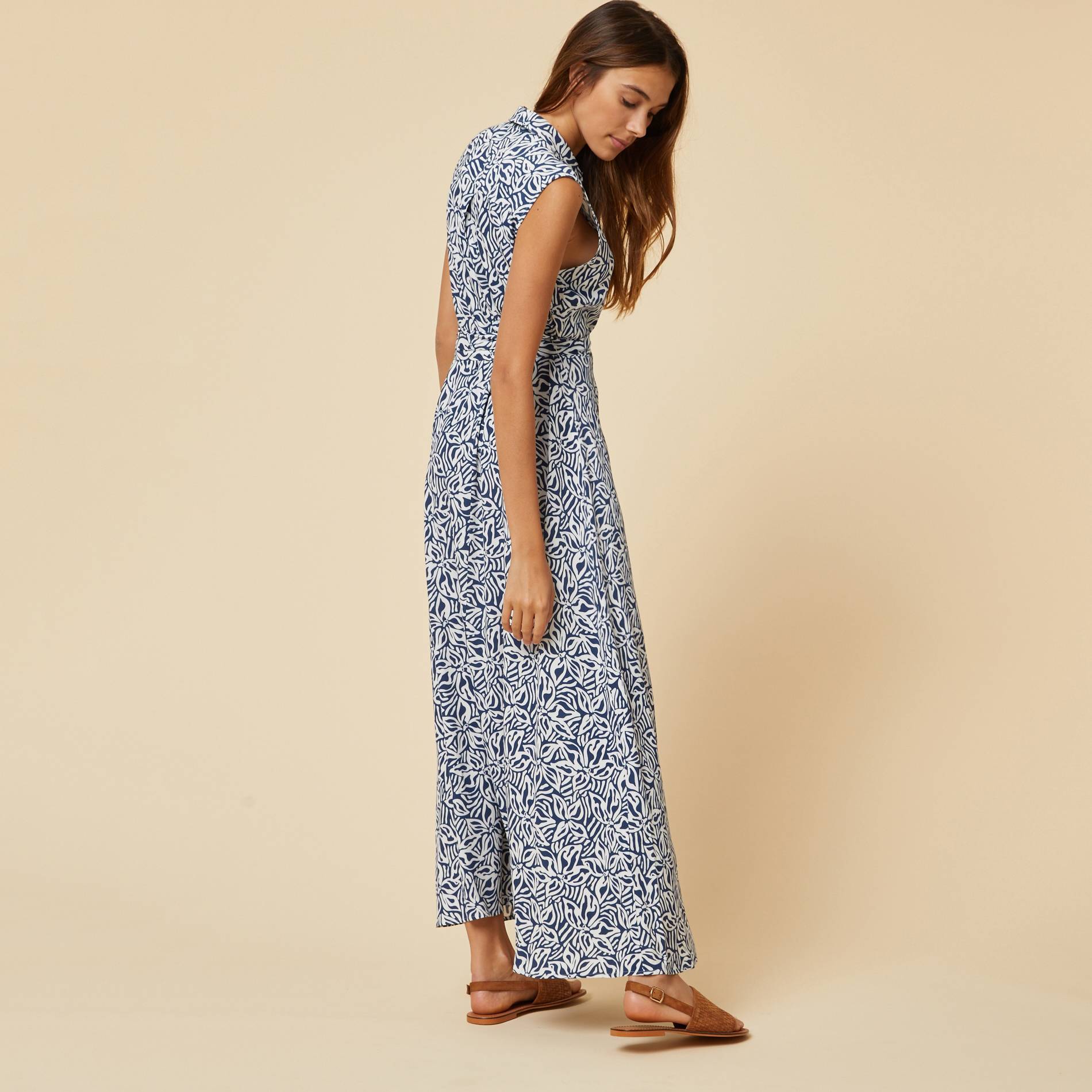 Robe chemise longue sans manches imprime floral, Indigo, large image number 1.0