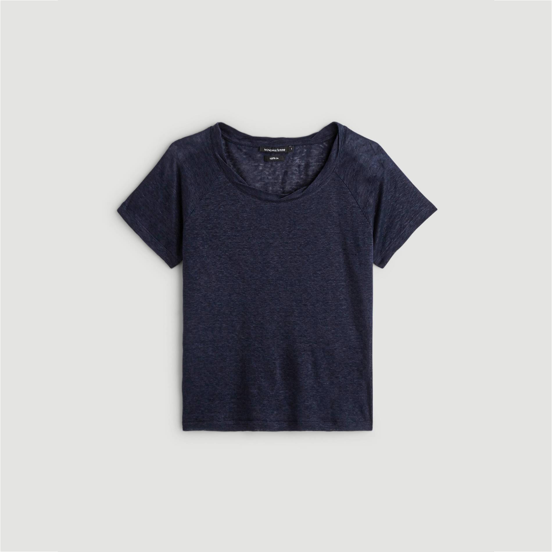 T-shirt en lin uni encolure fantaisie, Bleu marine, large image number 2