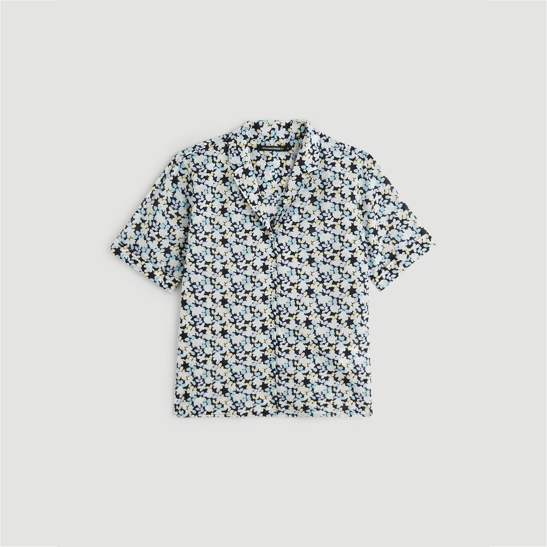 Chemise imprime floral manches courtes et col tailleur en coton BIO, Bleu marine, large image number 2.0