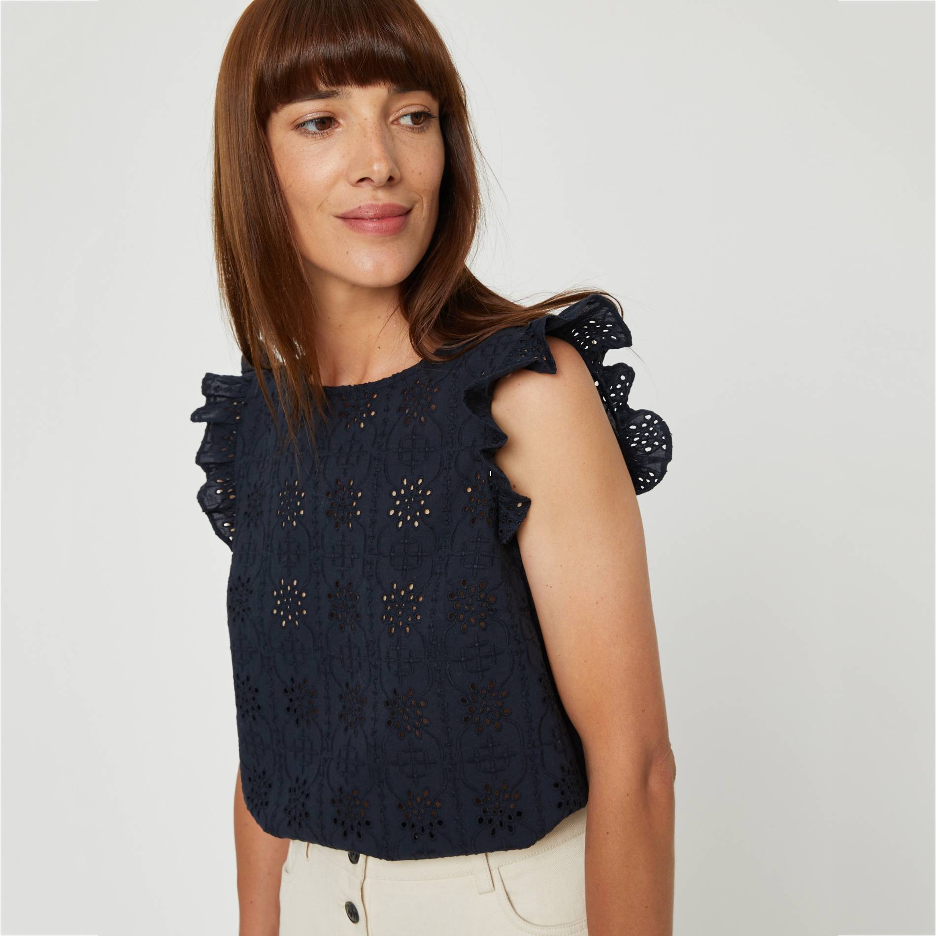 Blouse manches courtes en broderie anglaise, Bleu marine, large image number 0