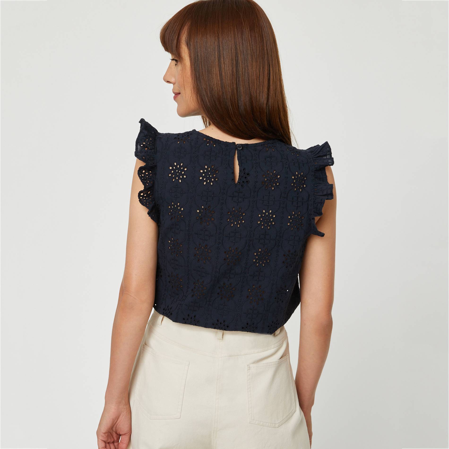 Blouse manches courtes en broderie anglaise, Bleu marine, large image number 1.0