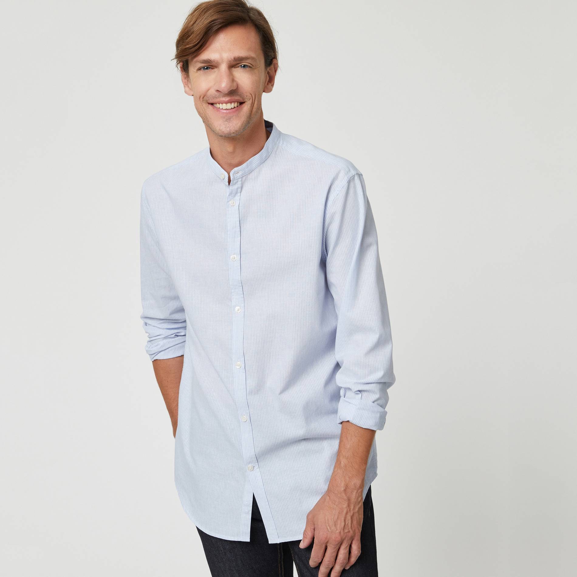 Chemise col mao en coton et lin rayee, Bleu pâle, large image number 0