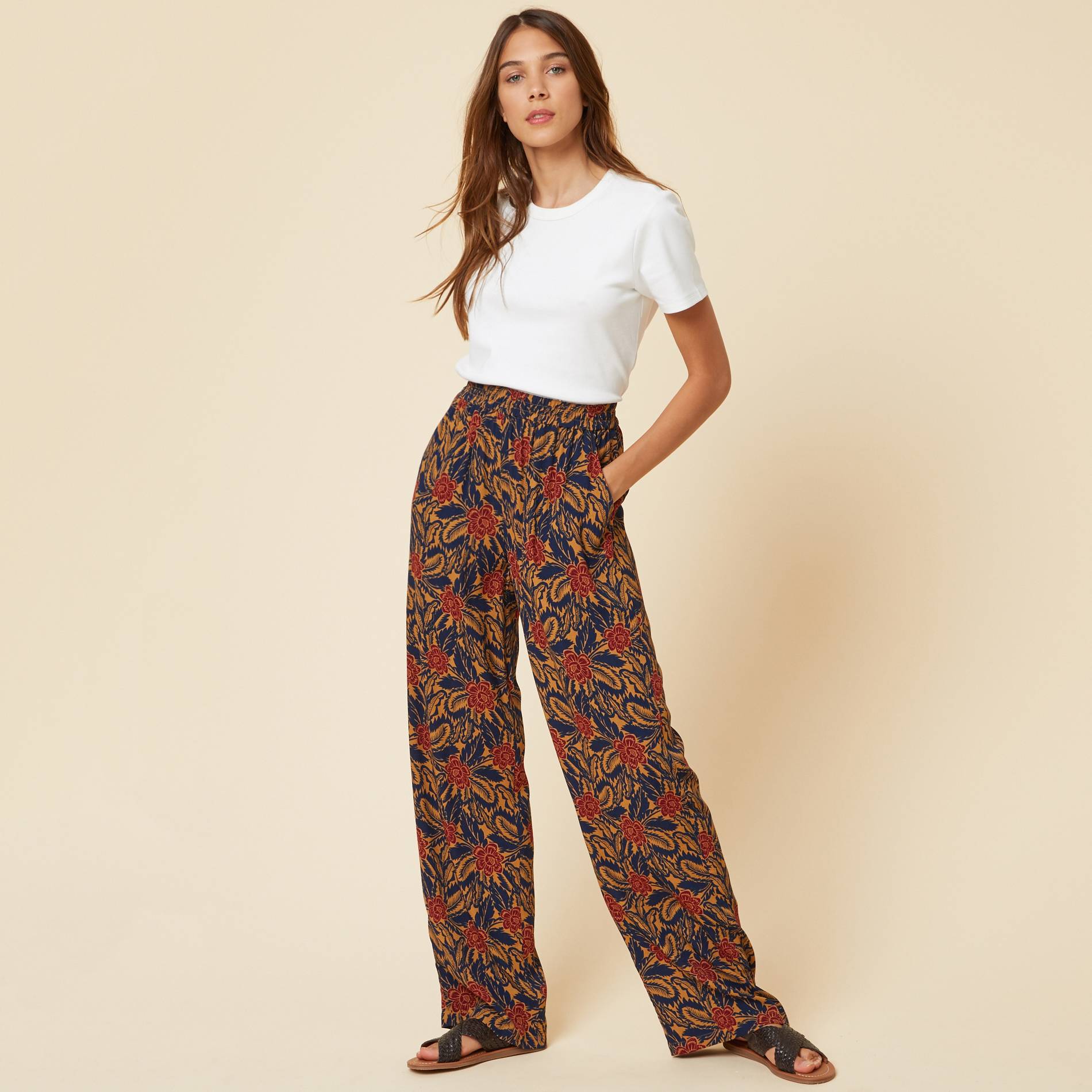 Pantalon large imprimé en viscose, Indigo, large image number 0.0