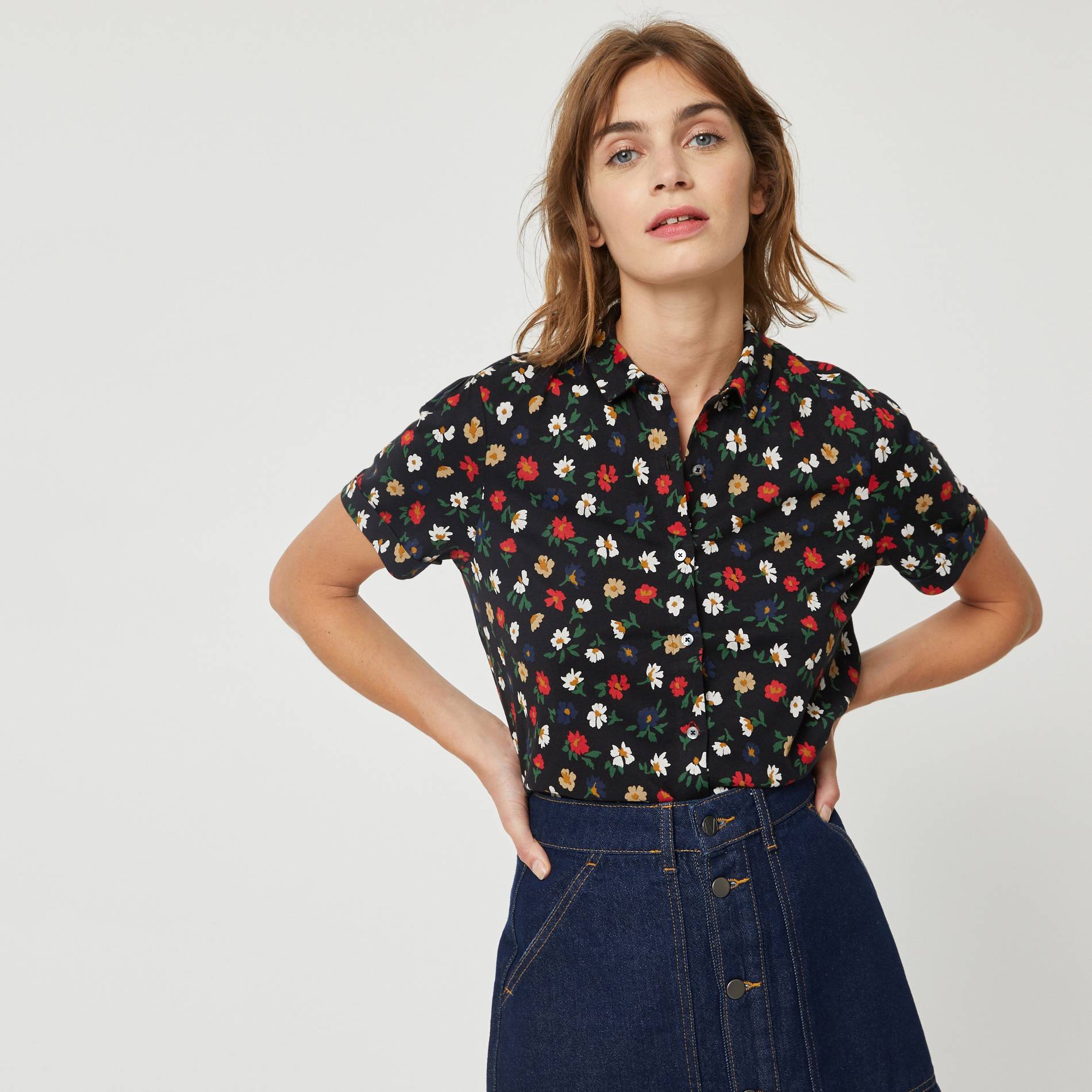 Chemise en maille imprime fleurs, Noir, large image number 0