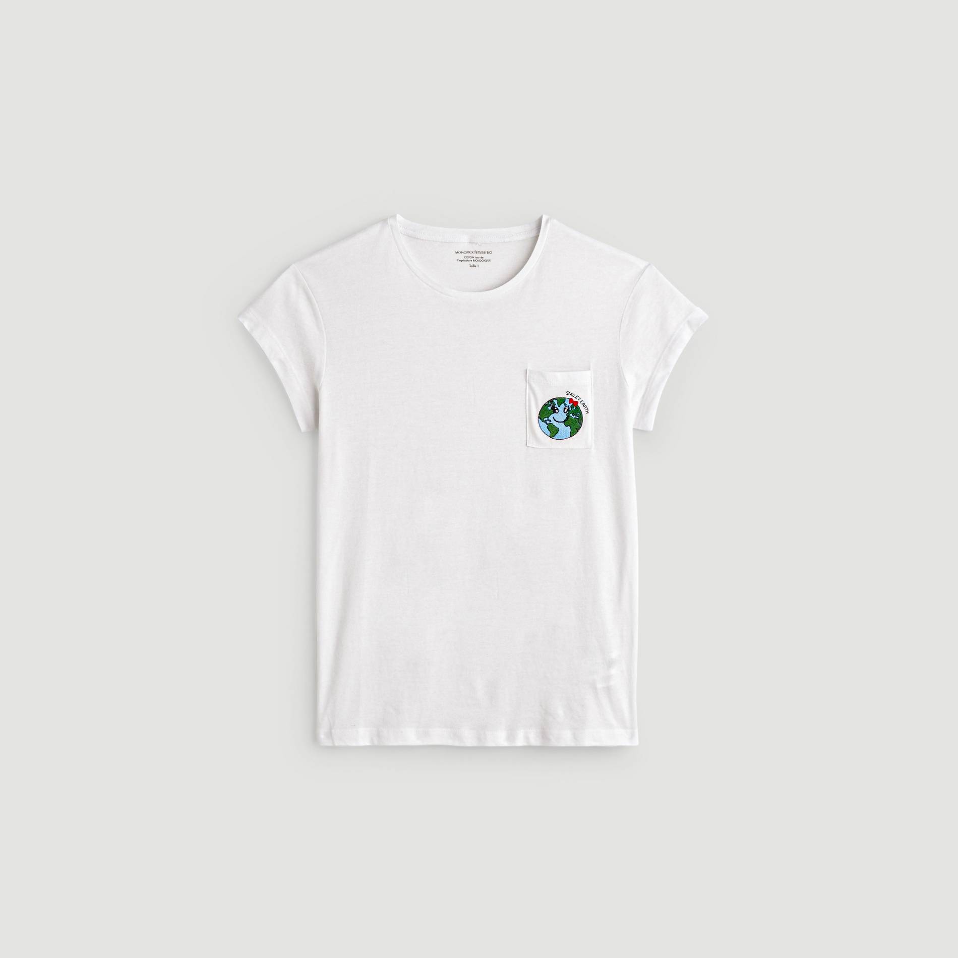 T-shirt poche brodee en coton BIO, Blanc, large image number 2