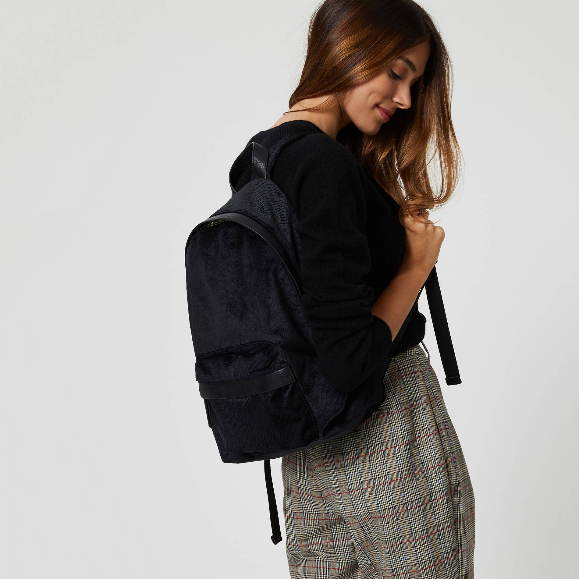 Sac a dos en velours, Noir, large image number 0