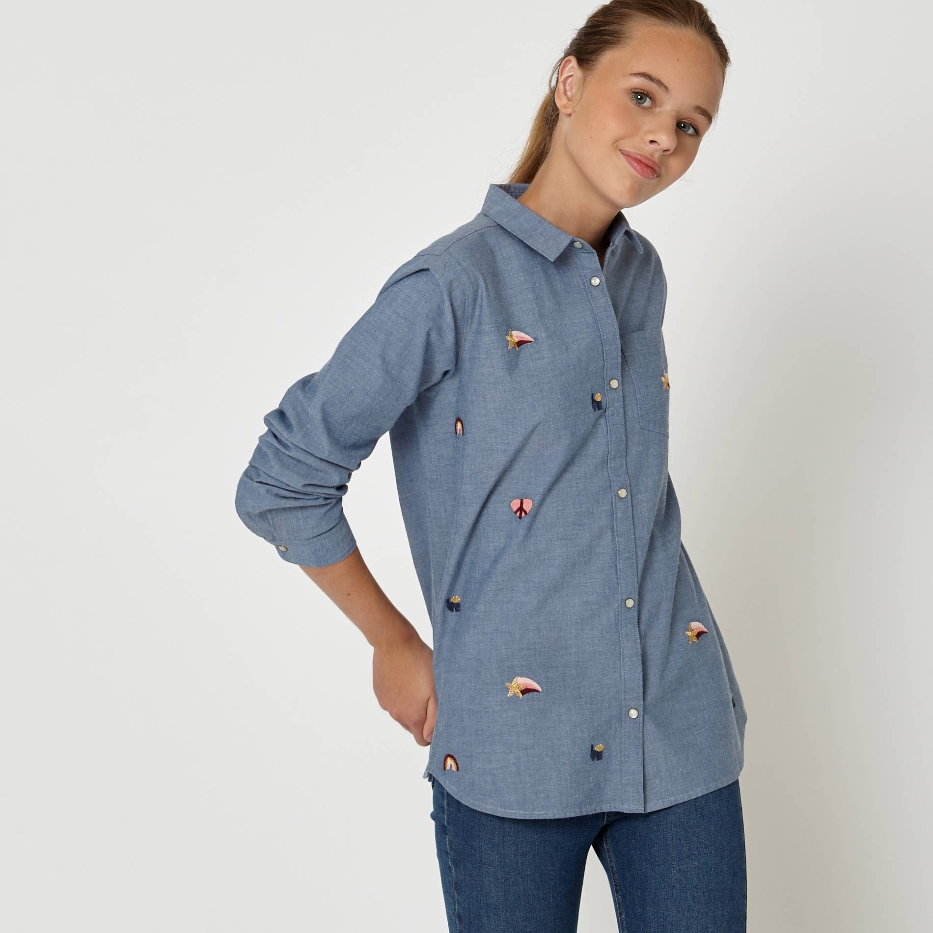 Blouse denim brodee, Bleu pâle, large image number 0