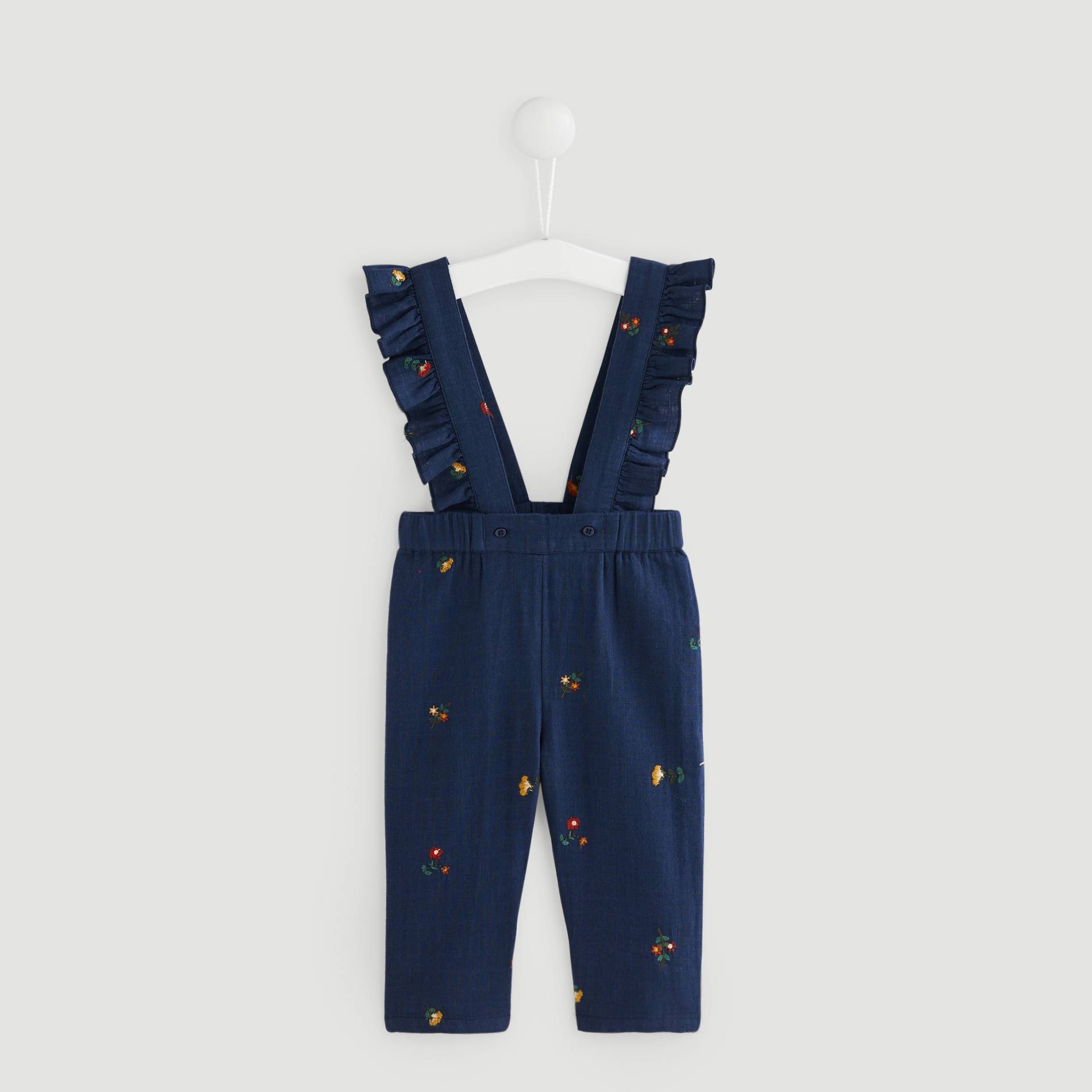 Pantalon avec bretelle volant brode, Bleu marine, large image number 0