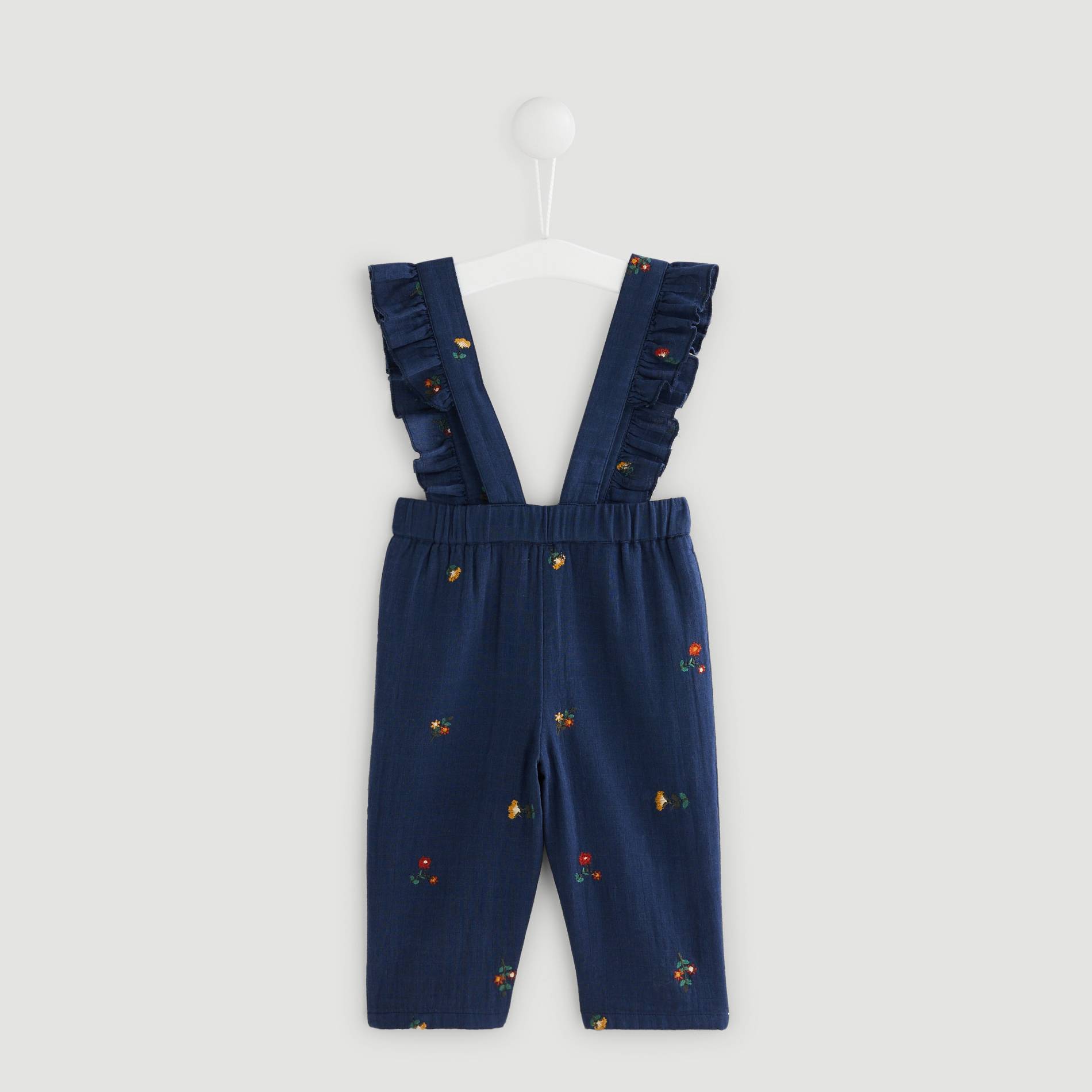 Pantalon avec bretelle volant brode, Bleu marine, large image number 1