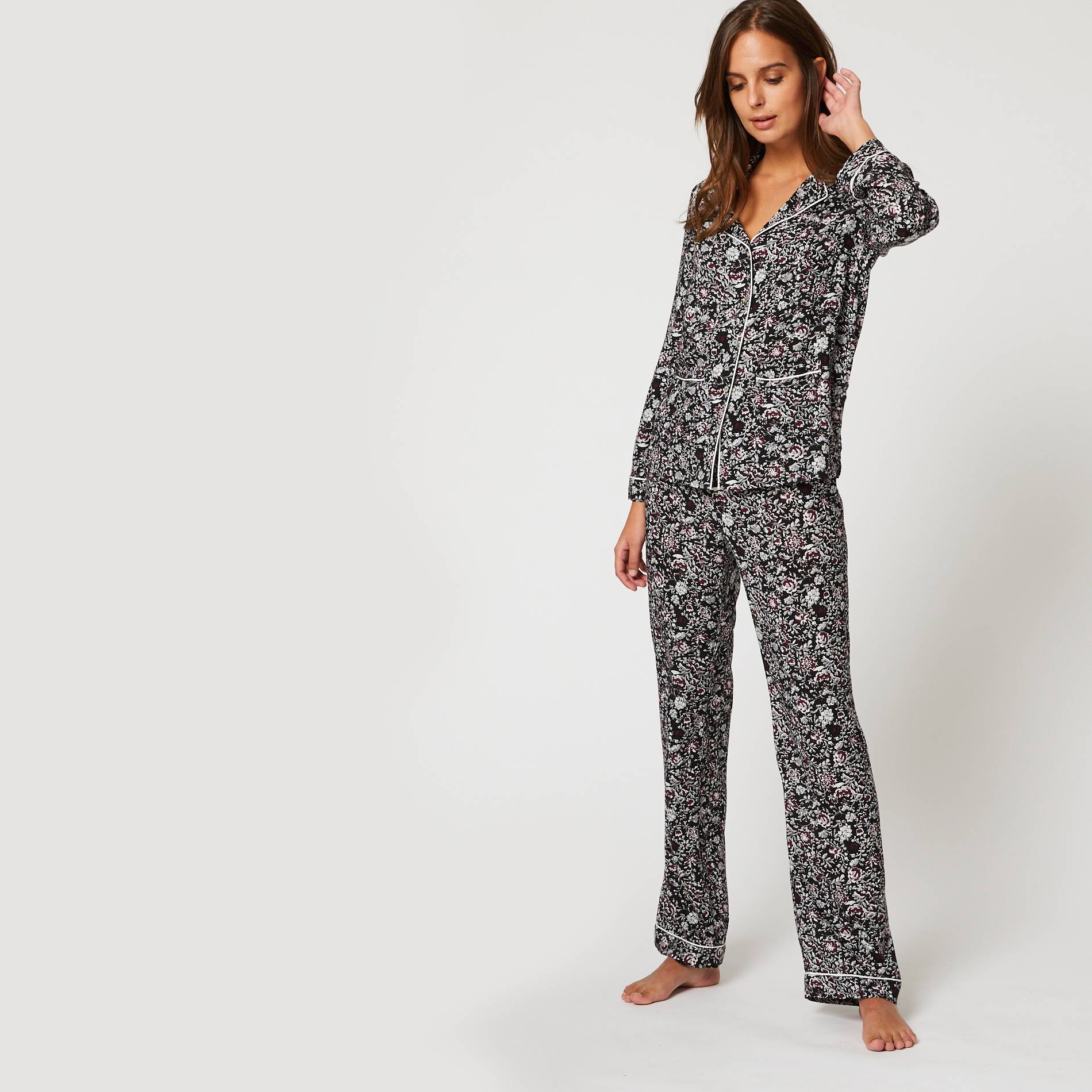 Pyjama manches longues imprime fleurs, Ecru, large image number 0
