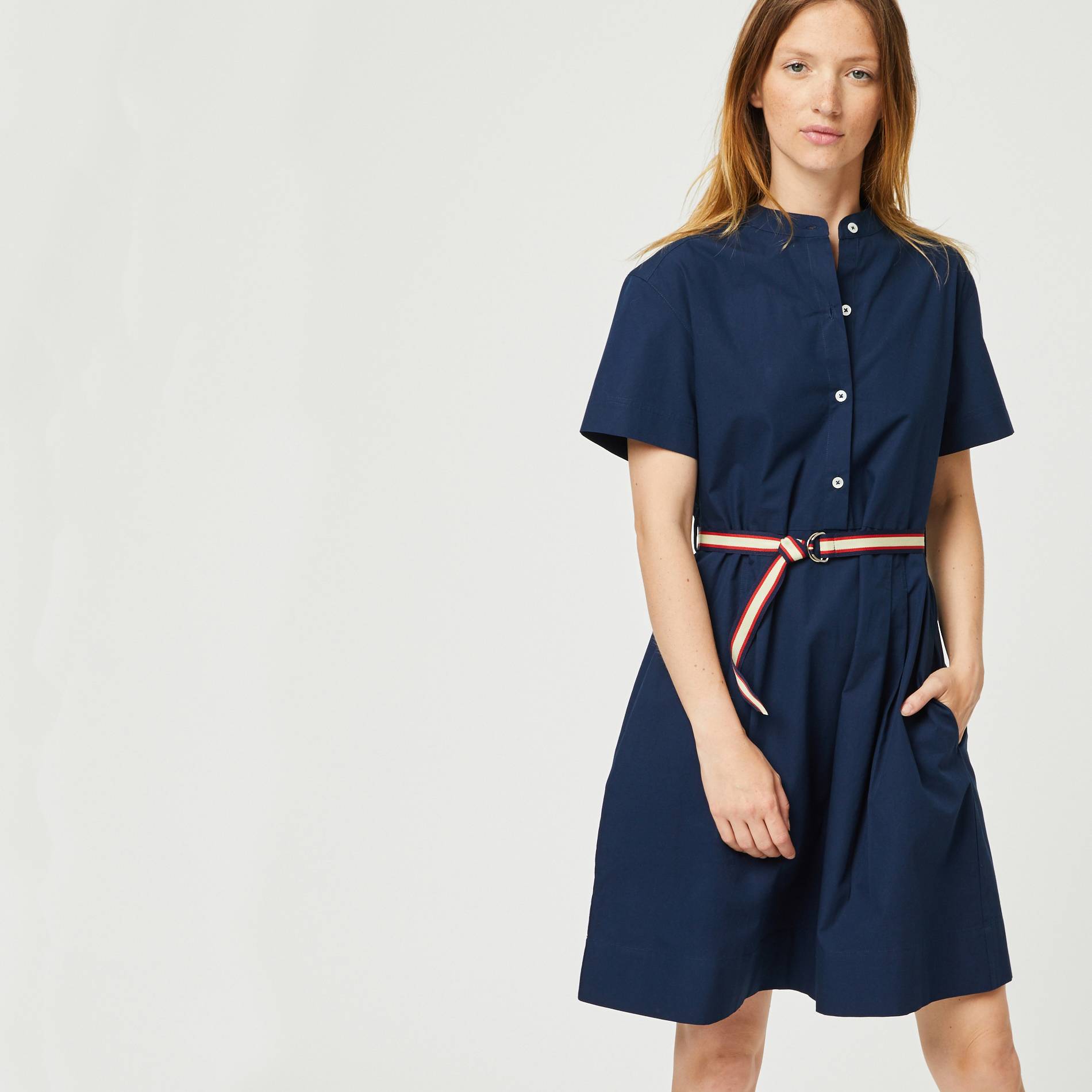 Robe courte col mao en coton avec ceinture, Bleu marine, large image number 0
