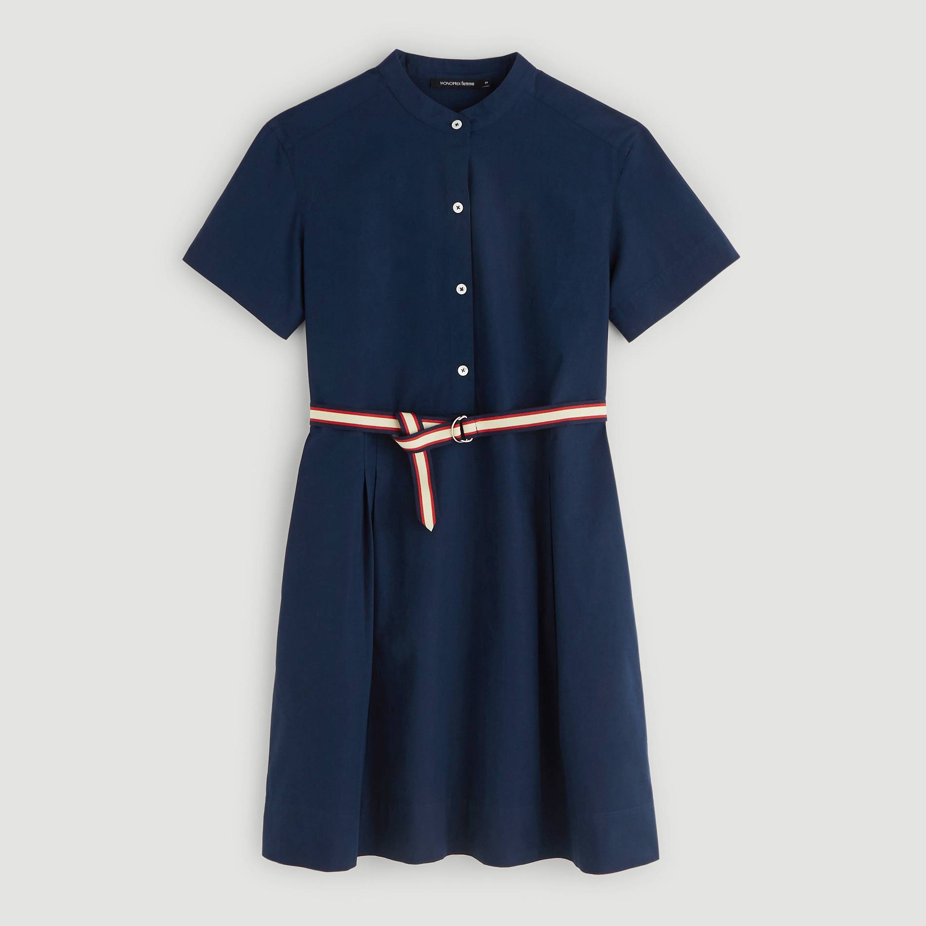 Robe courte col mao en coton avec ceinture, Bleu marine, large image number 2