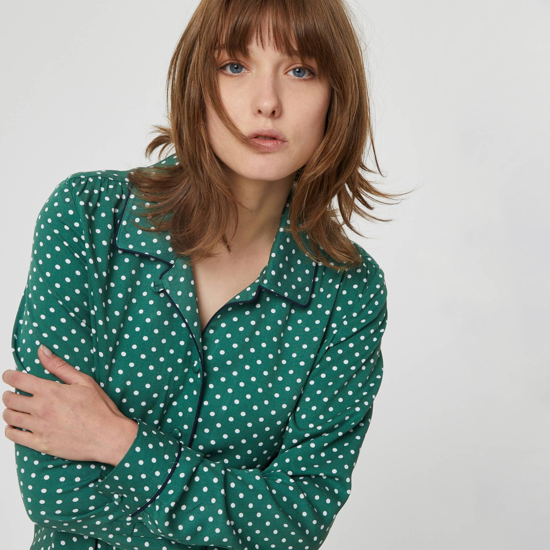 Chemise a pois col tailleur, Vert foncé, large image number 0.0