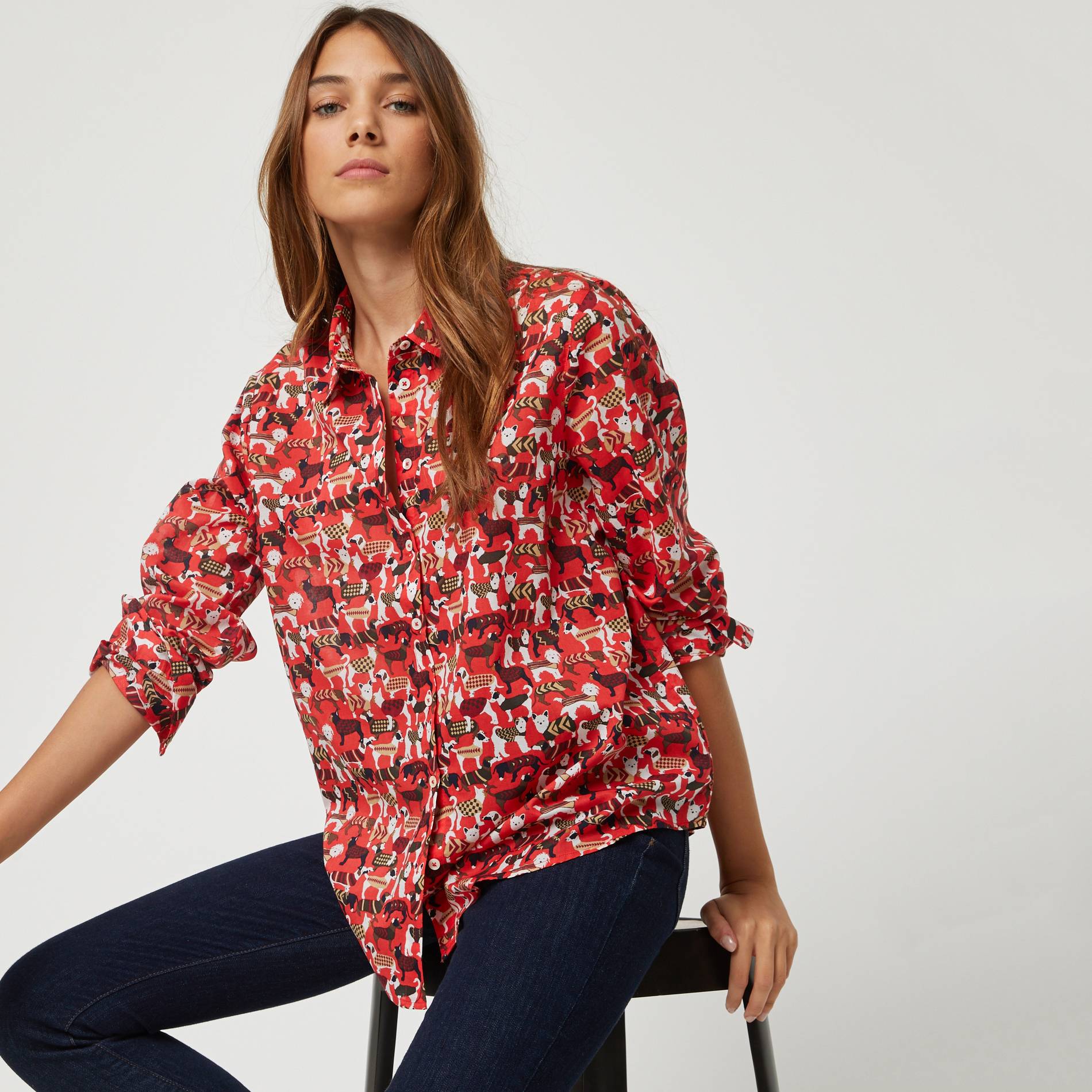Chemise imprimee manches longues en coton BIO, Rouge, large image number 0